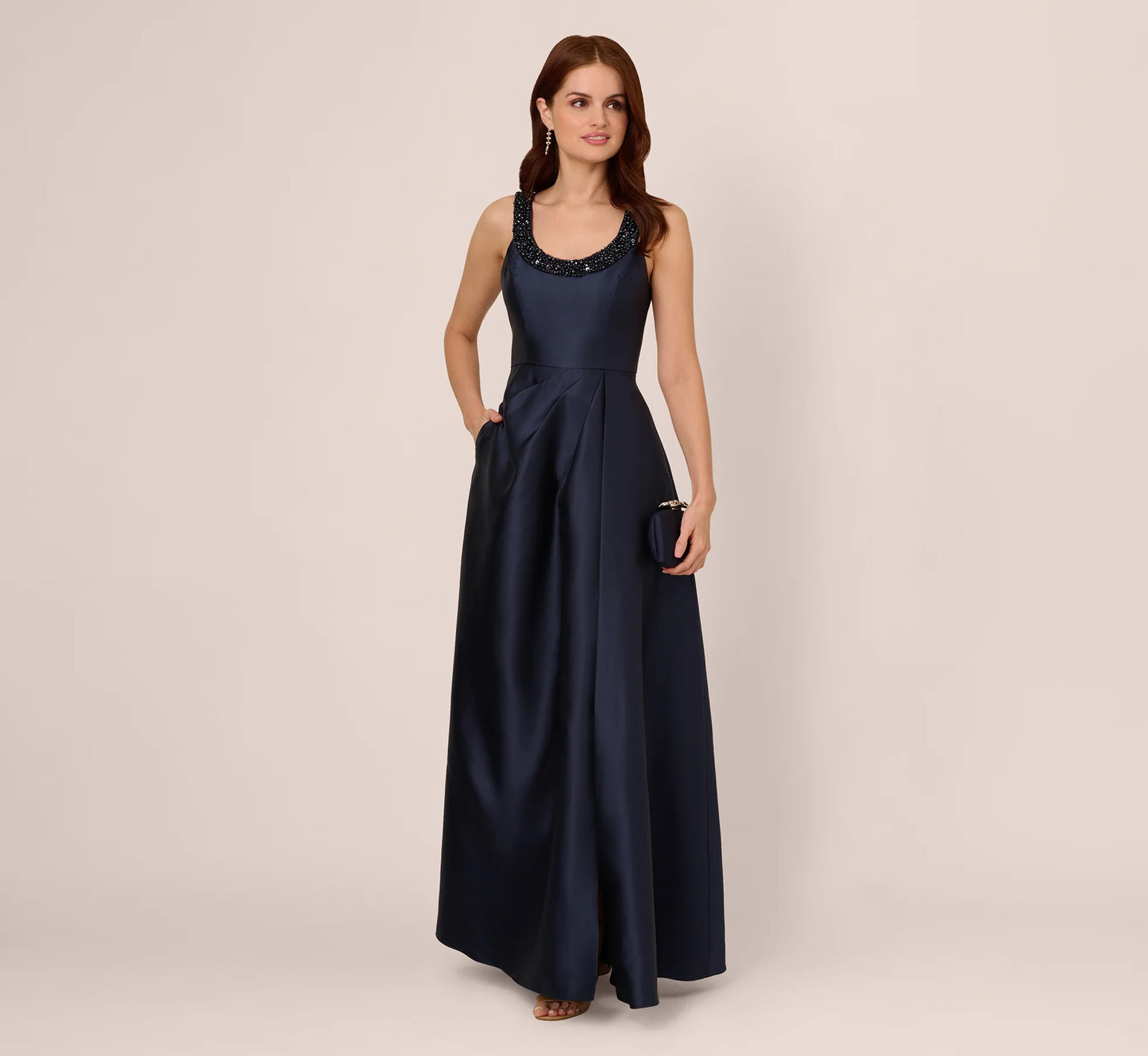 Sleeveless Beaded Mikado Fit And Flare Gown In Midnight
