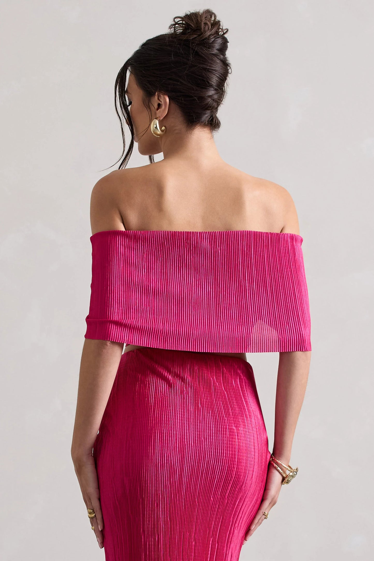 Seara Hot Pink Plisse Twisted Bardot Crop Top