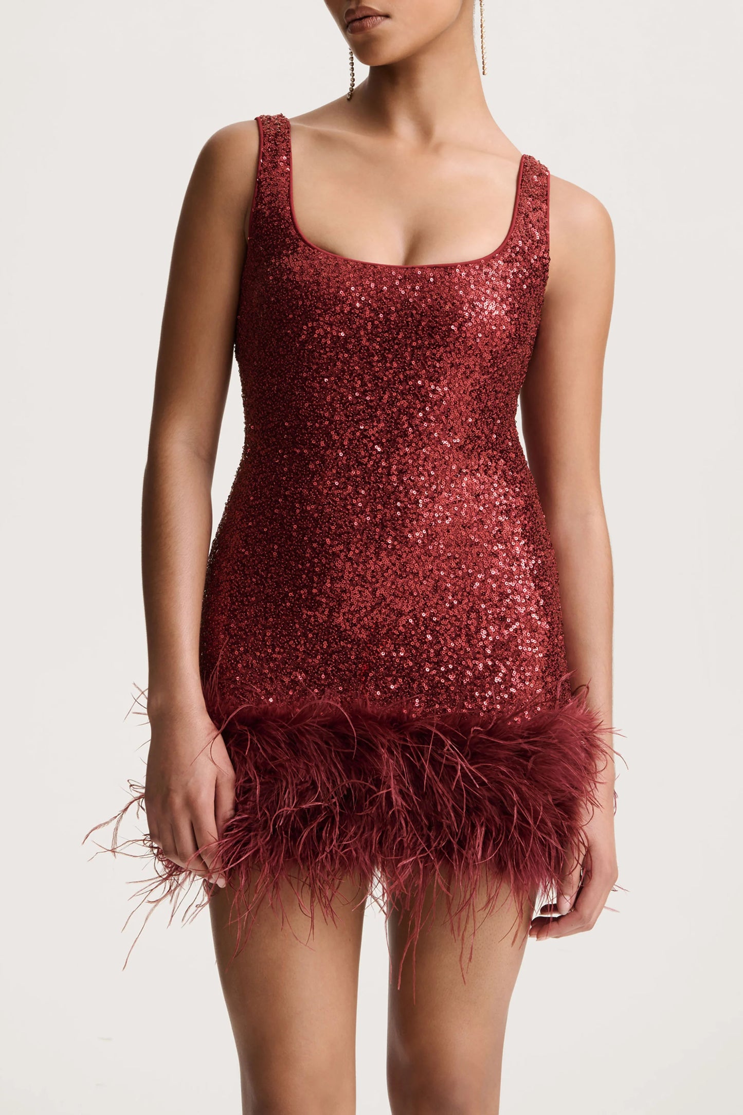 Rosalinda Burgundy Sequin Square-Neck Mini Dress With Feather Trim