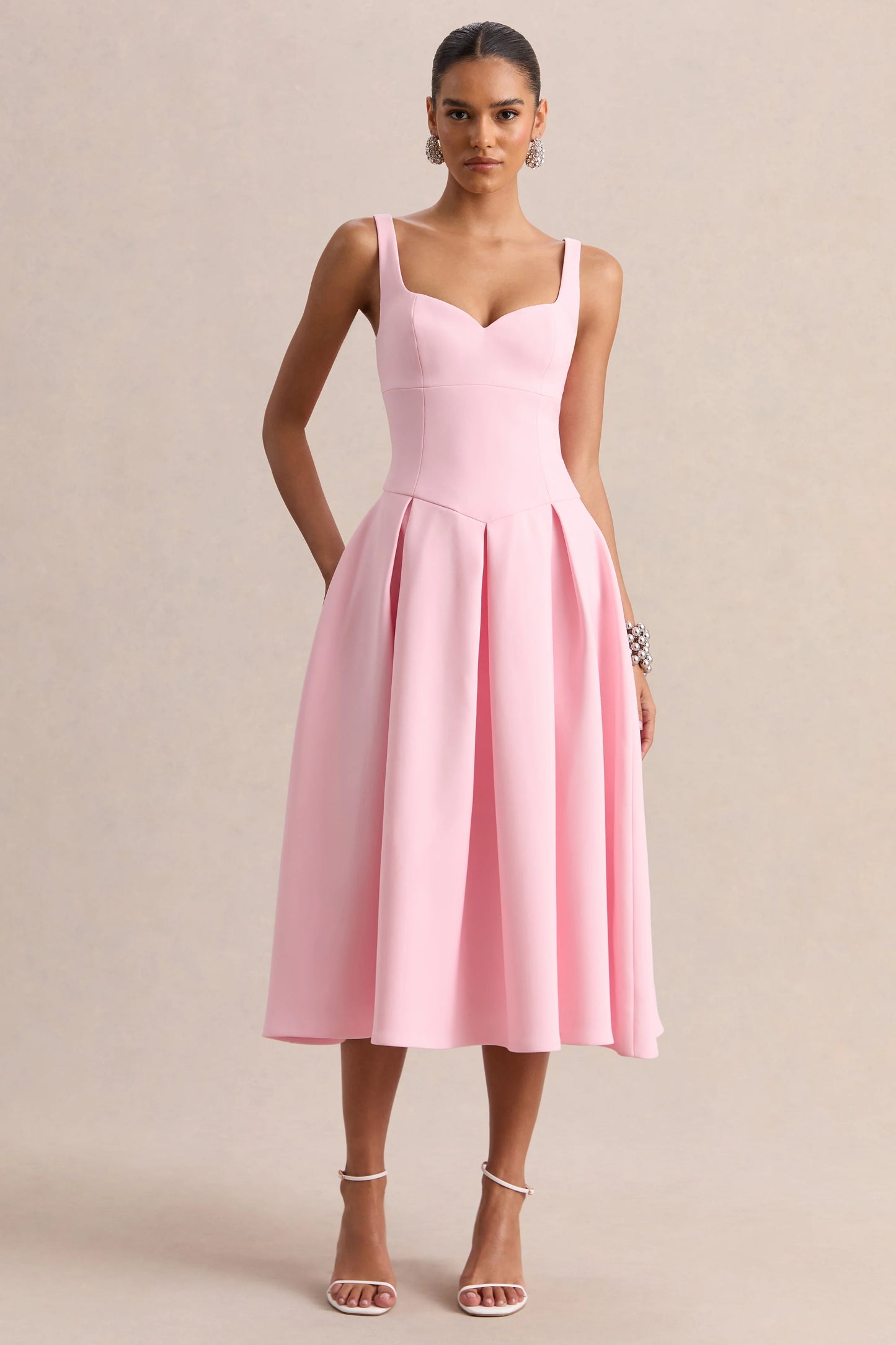 Greta Light Pink Sweetheart-Neck Midi Dress