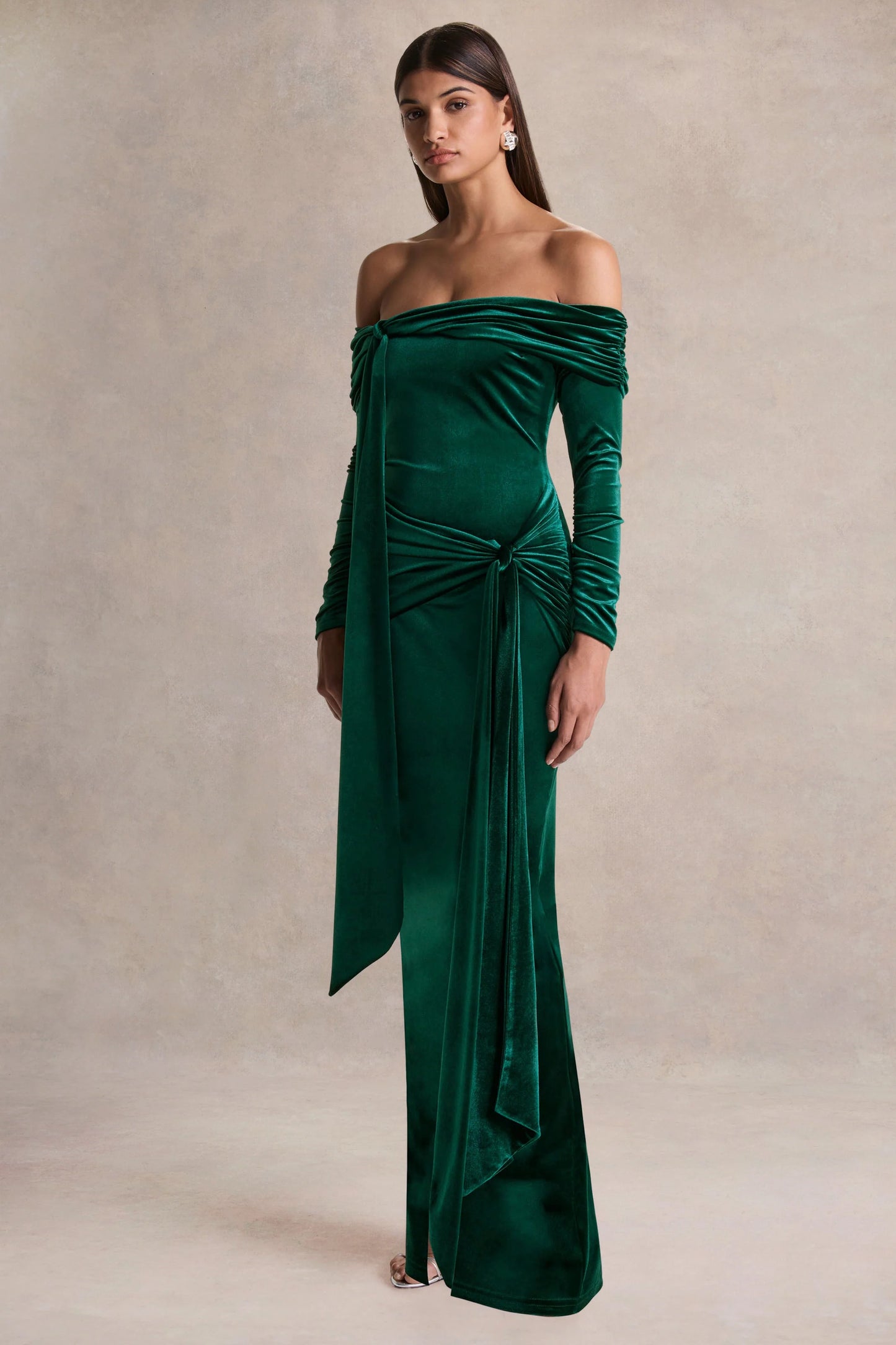 Jessara Bottle Green Bardot-Neck Maxi Dress With Knot-Details