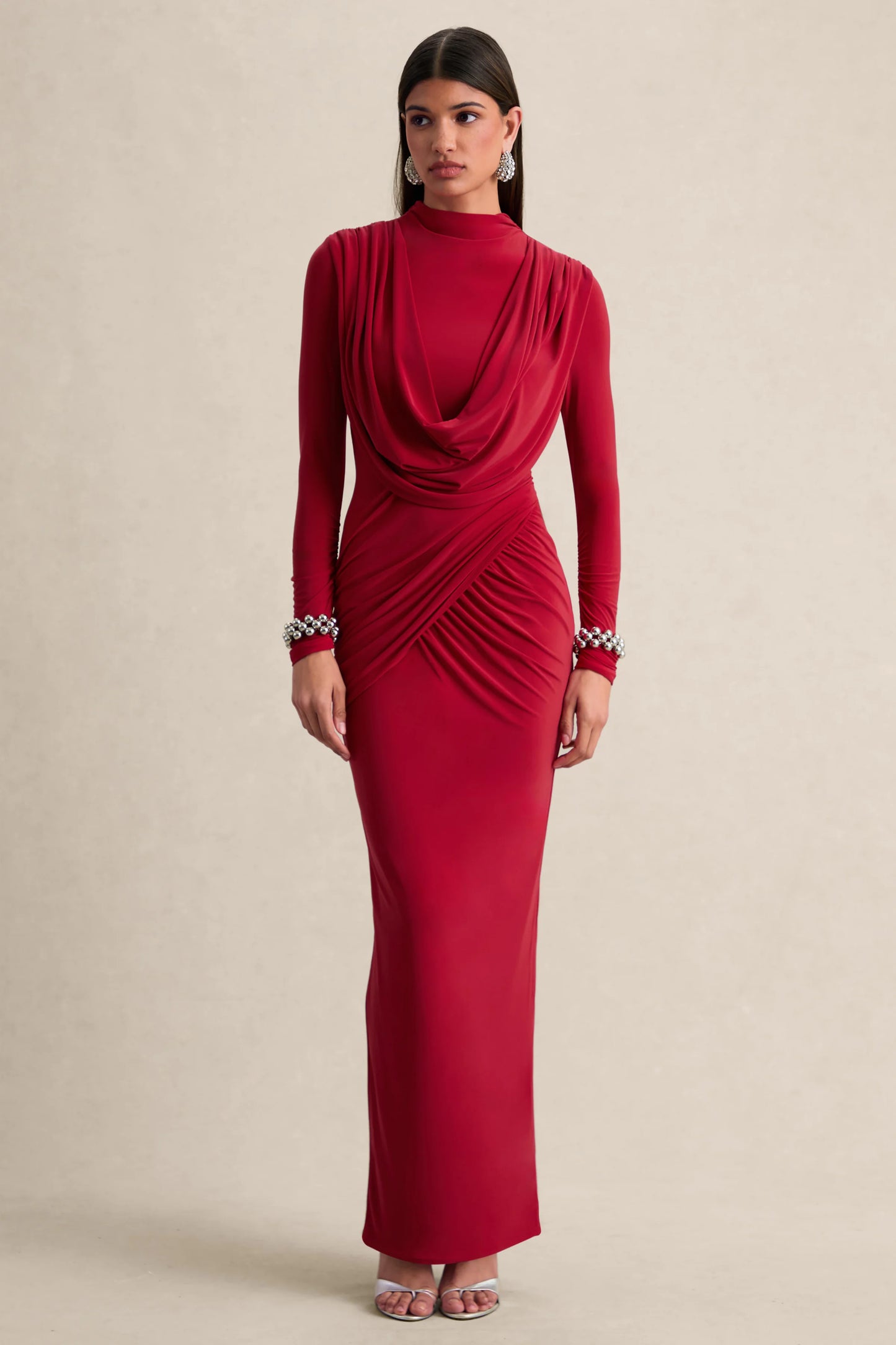 Karinthia Red High-Neck Maxi Dress With Draped-Detailing