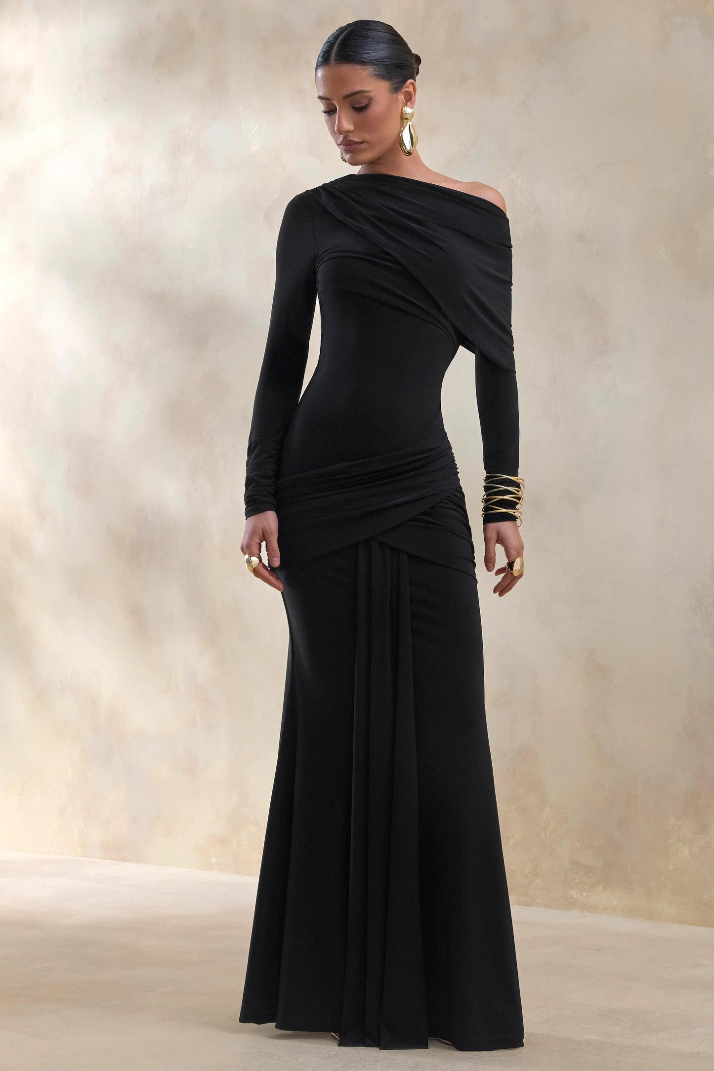 Kessara Black Asymmetric-Neck Maxi Dress With Sash And Gathered-Detailing