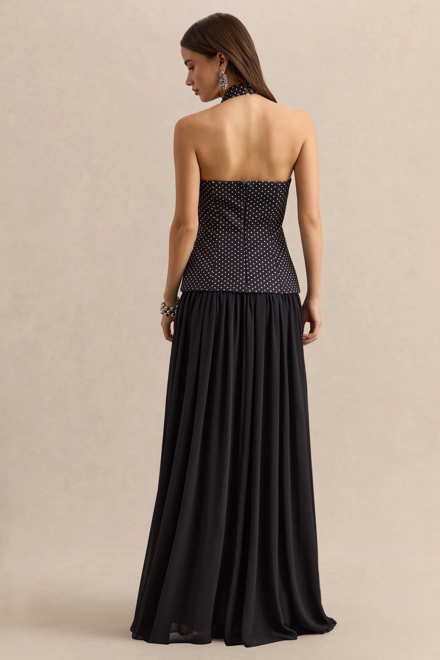Zarina Black & White Polka-Dot Plunge-Neck Maxi Dress