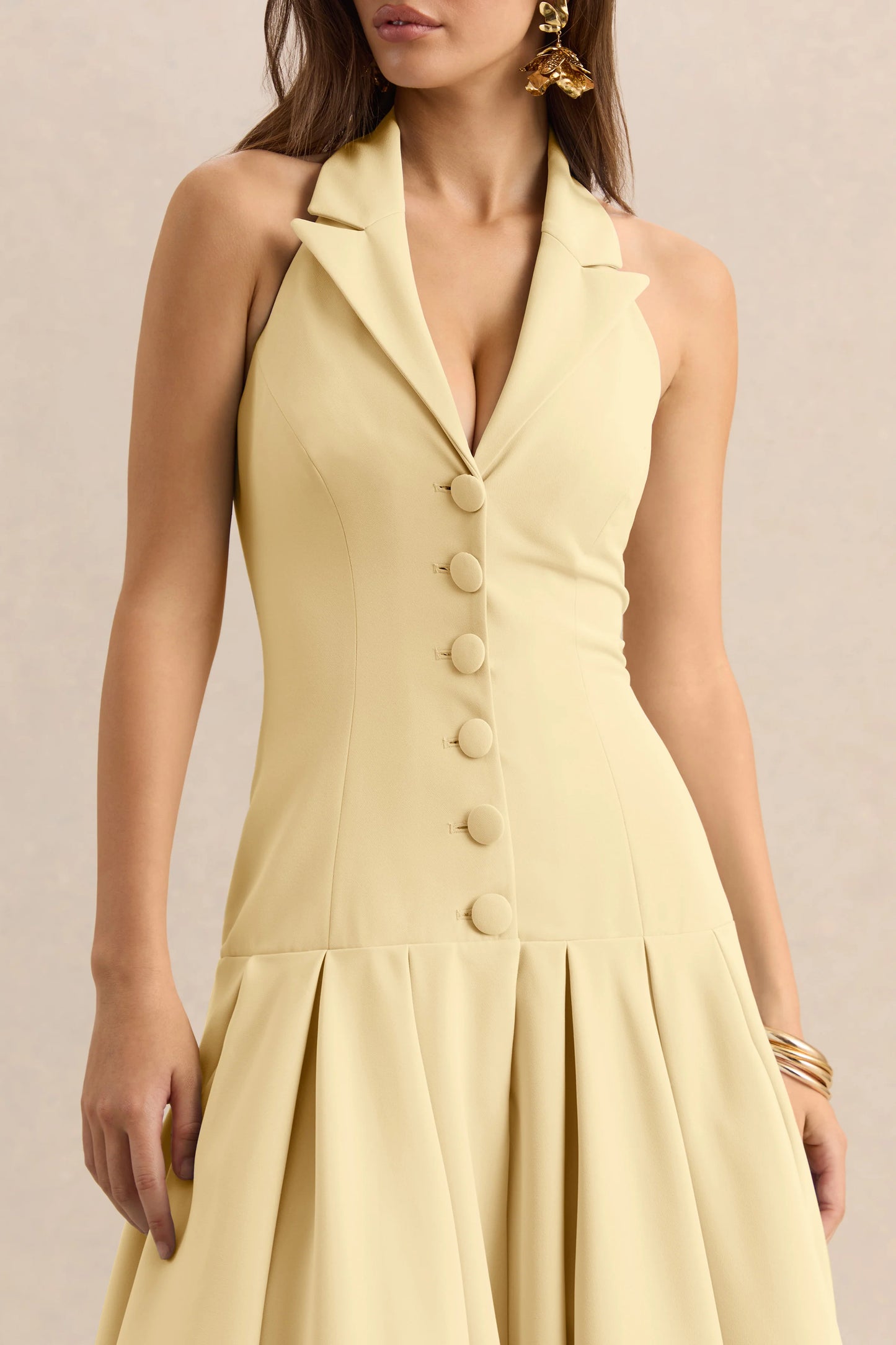 Elise Lemon Plunge-Neck Midi Dress With Drop-Waist