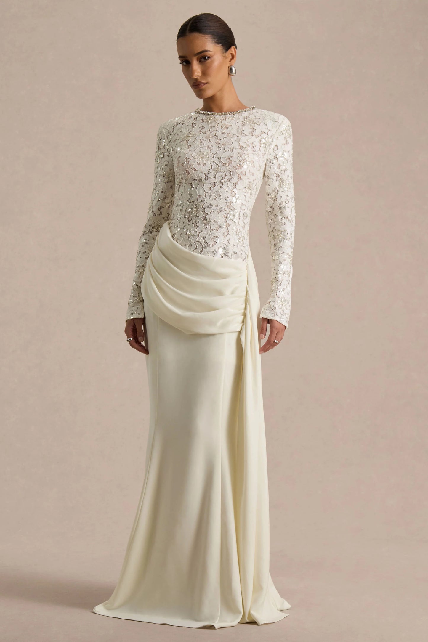 Beau Ecru Lace Embellished Crew-Neck Maxi Dress With Draped Detail