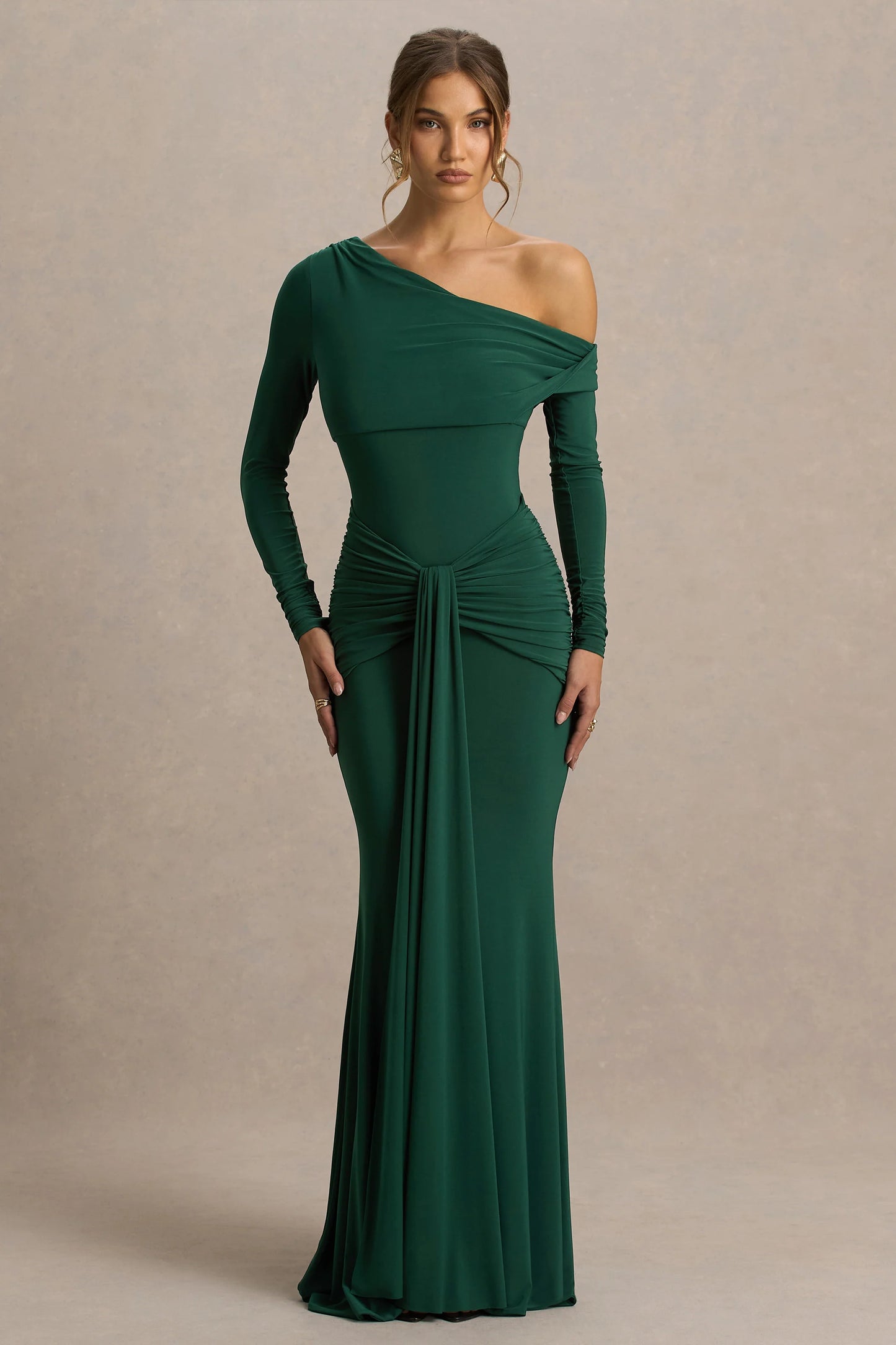 Clover Dark Green Asymmetric-Neck Wrapped Maxi Dress With Sash