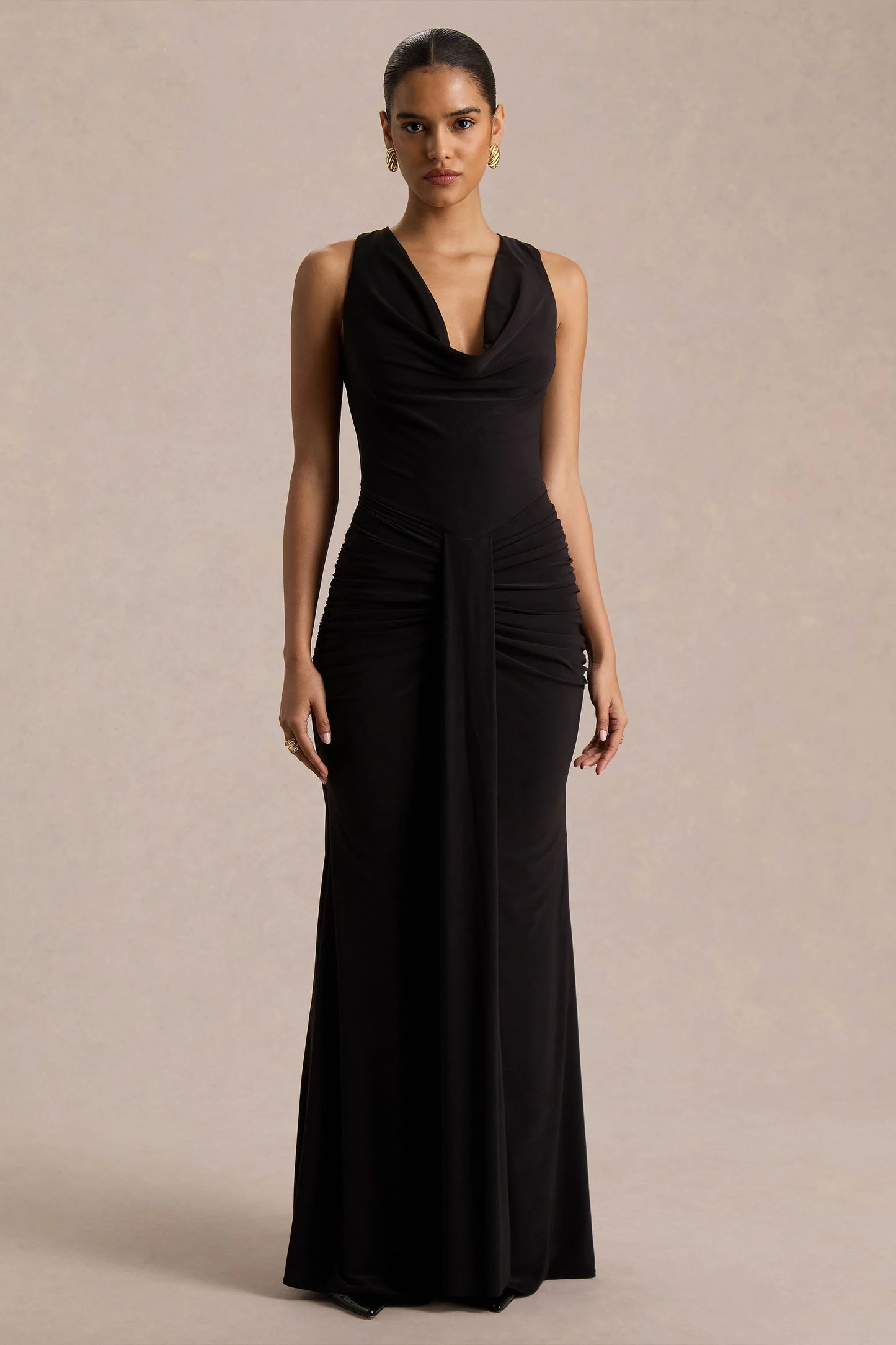 Mallie Black Cowl-Neck Maxi Dress With Gathered-Detailing