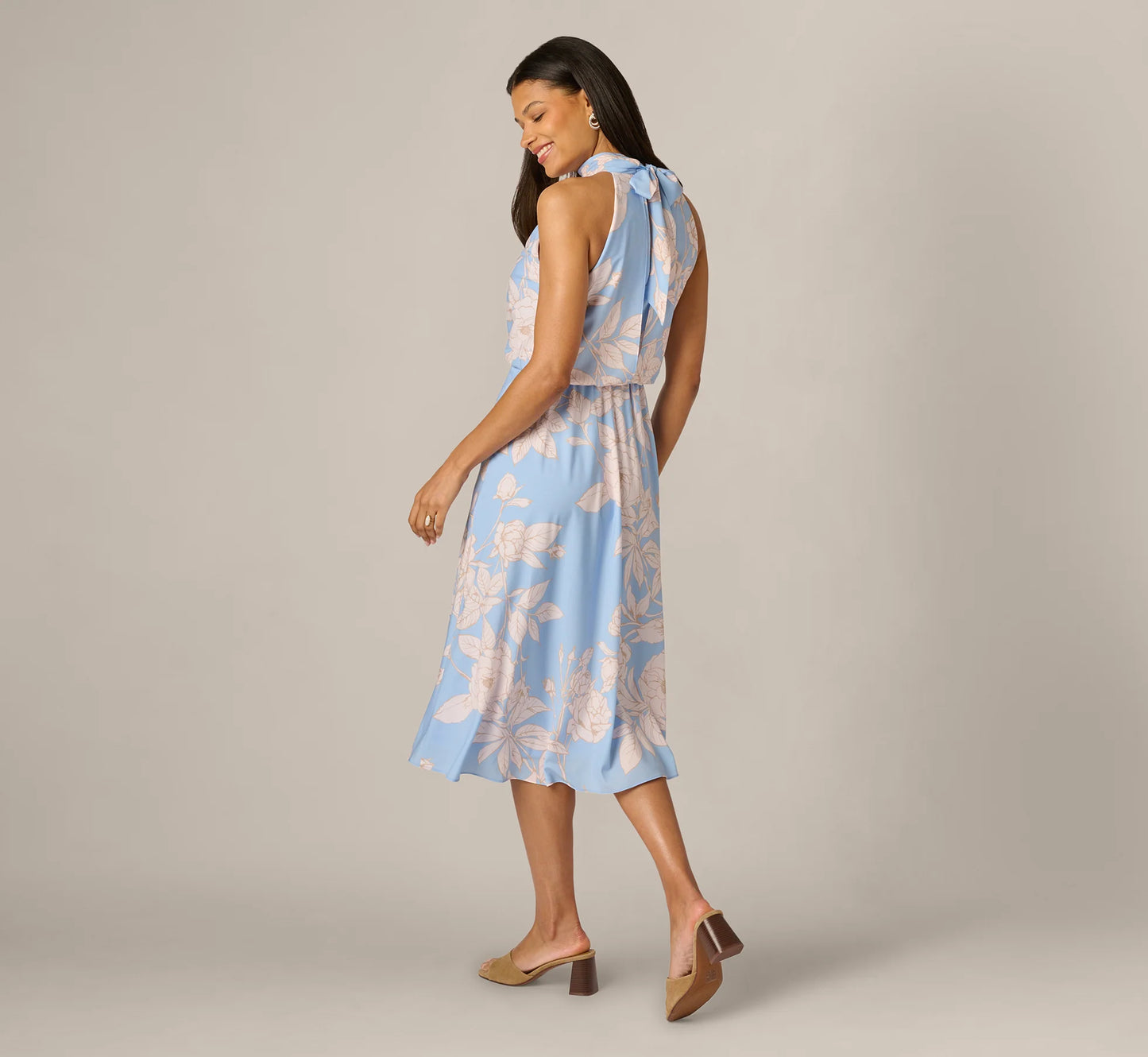 Floral Chiffon Blouson Halter Midi Dress In Blue Ivory