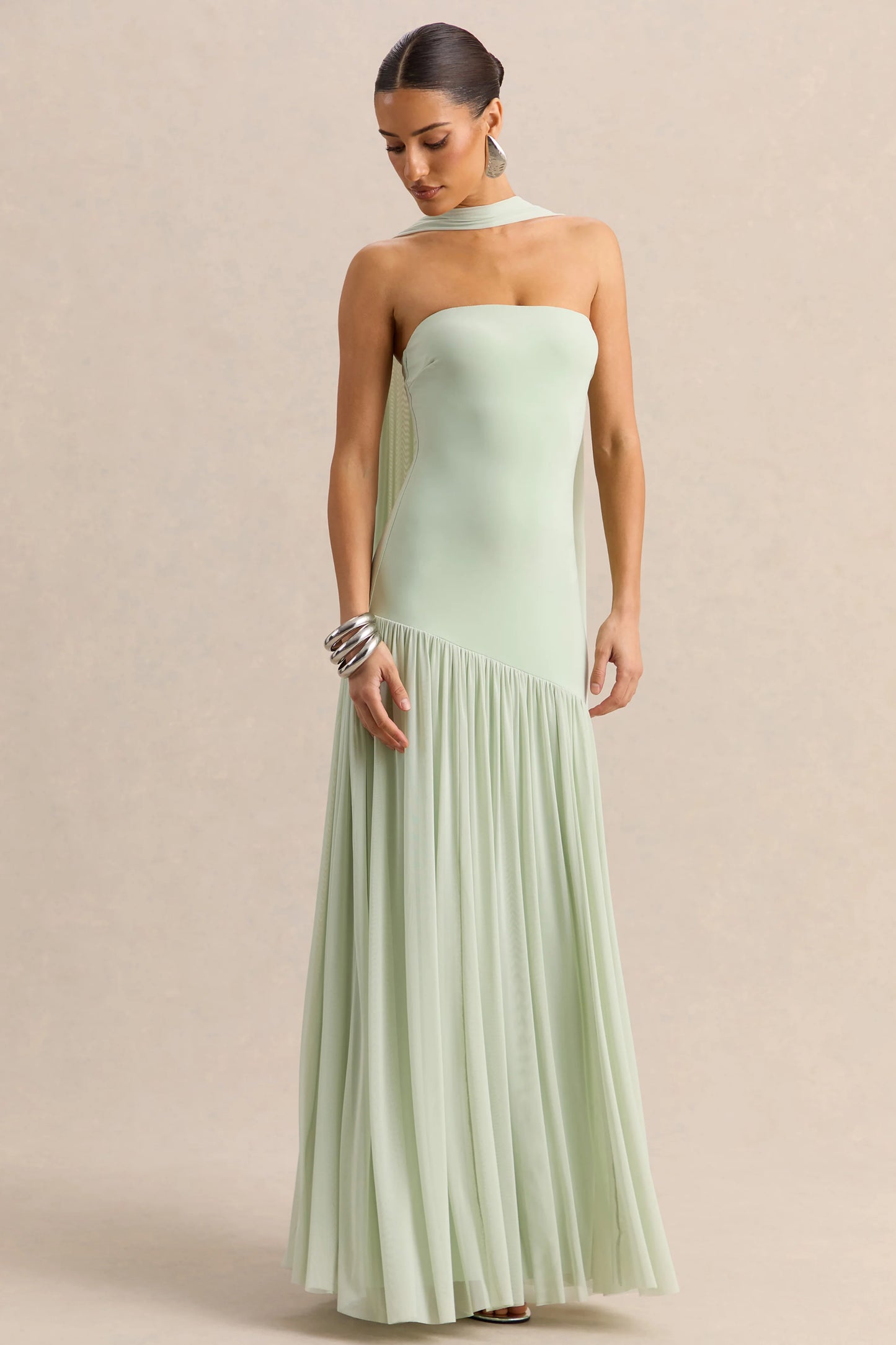 Bambi Mint Bandeau Maxi Dress With Scarf-Detail