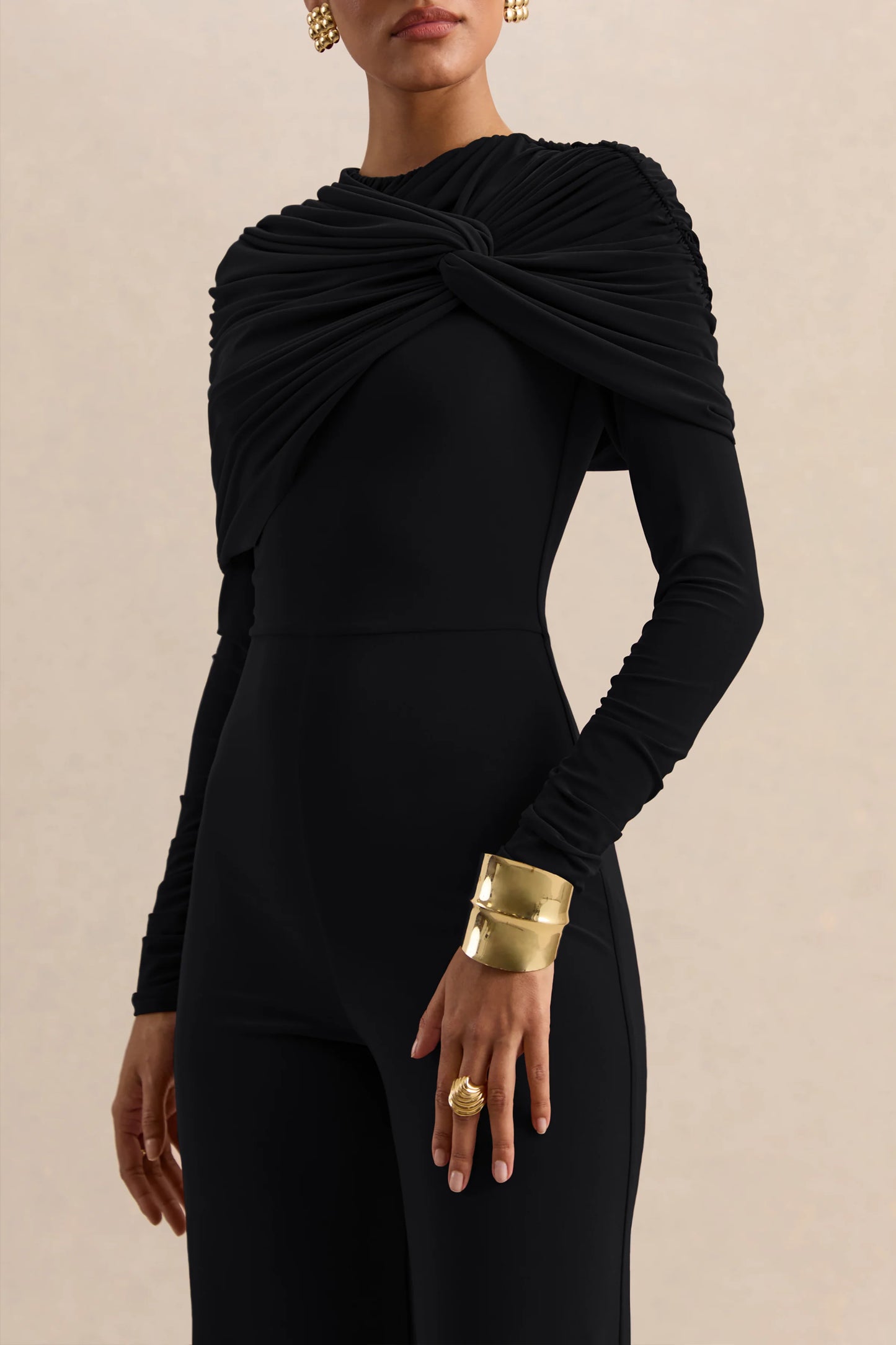 Eloura Black High-Neck Jumpsuit With Twist-Gathered Detail