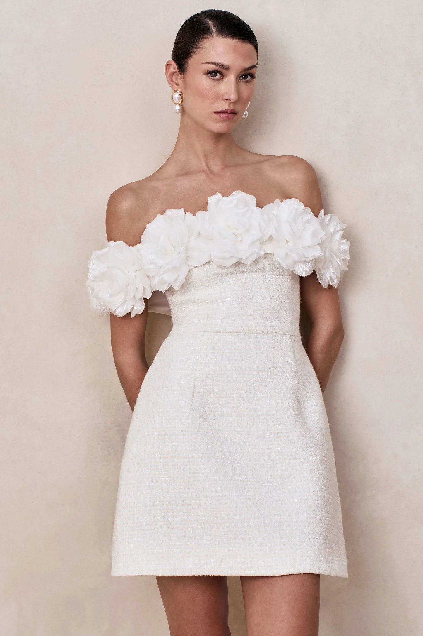 Florinda White Boucle Floral-Bardot Neck Mini Dress