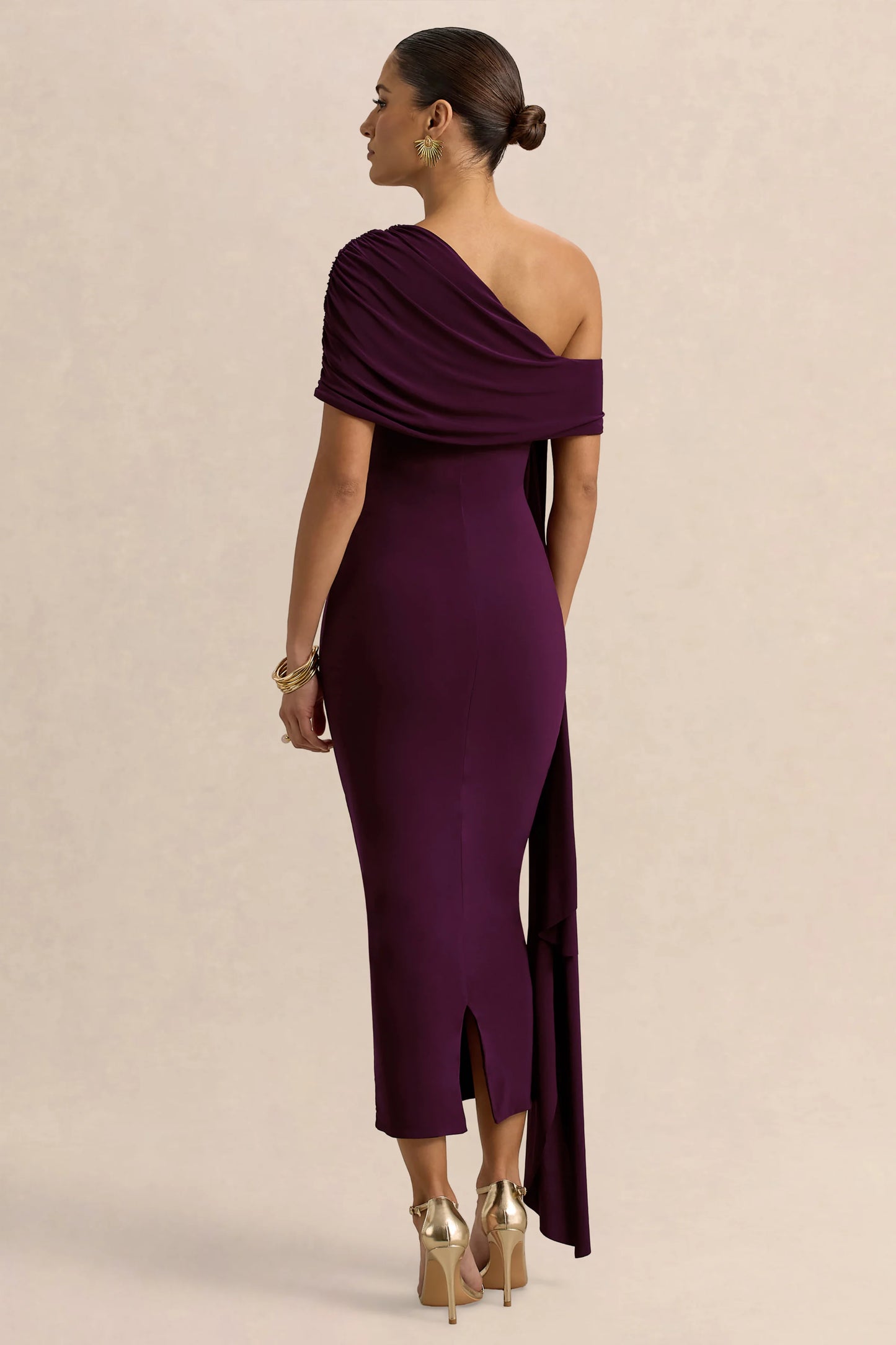 Praia Plum Asymmetric-Neck Midi Dress With Sash and Draped Detailing