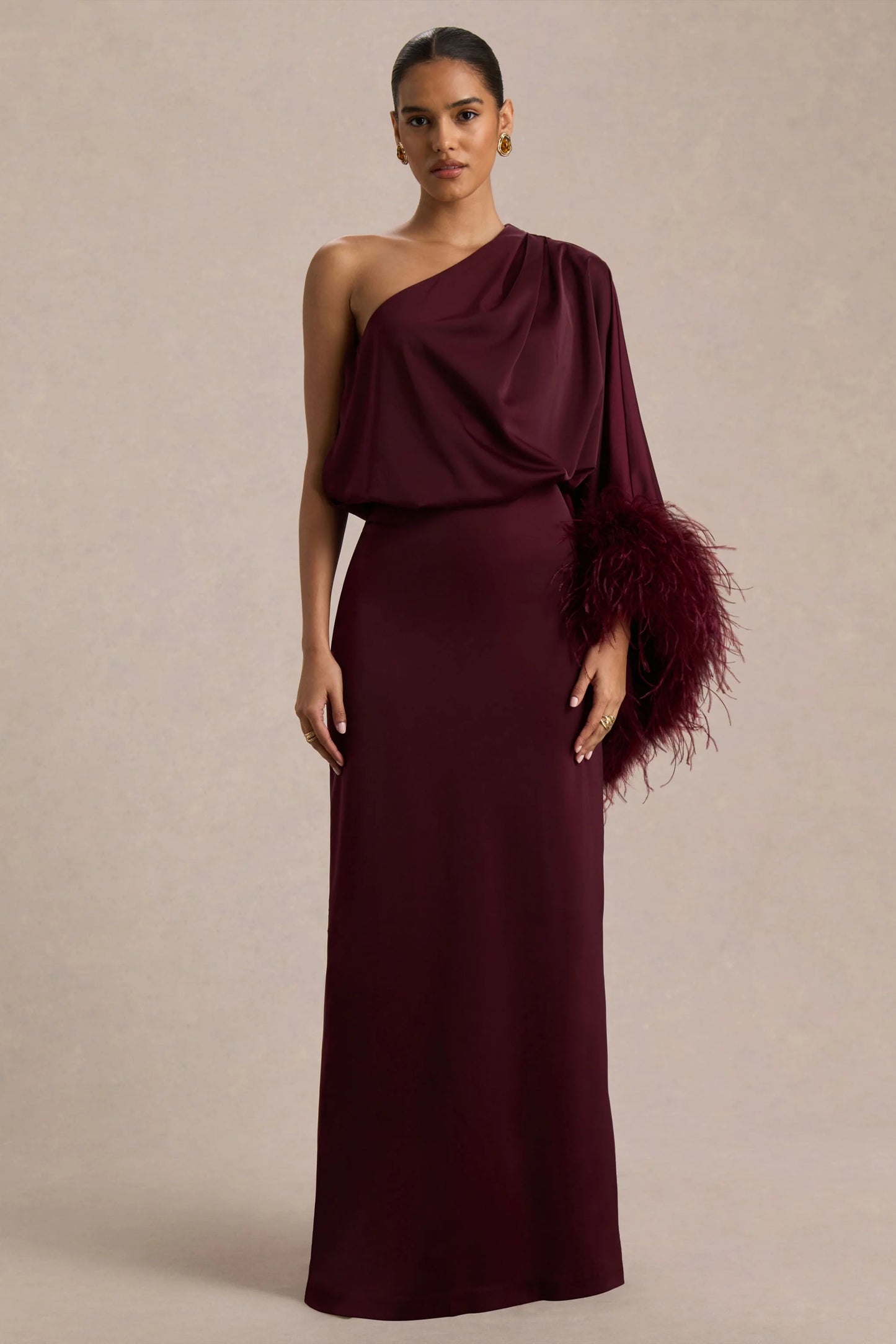 Felicity Burgundy Satin Asymmetric-Neck Maxi Dress With Feather Detailing