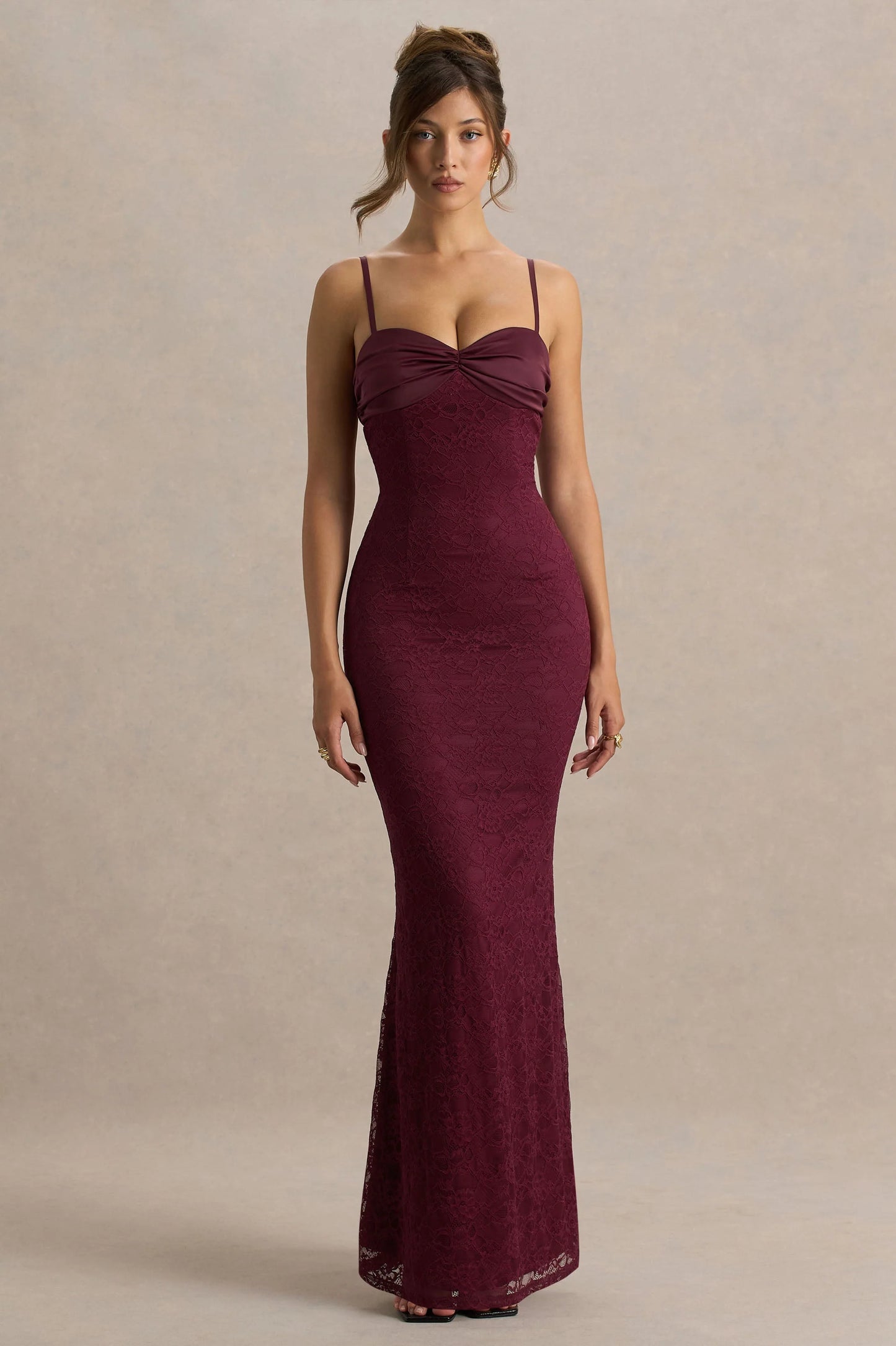 Juana Burgundy Lace And Satin Sweetheart-Neck Satin Maxi Dress