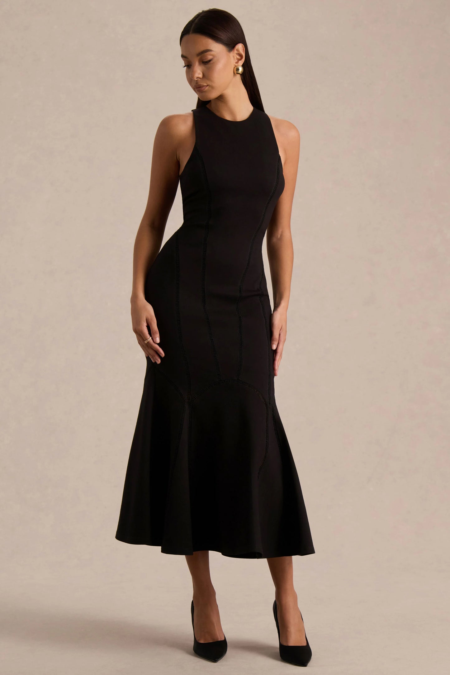 Sally Black Crew-Neck Midi Dress With Drop Waist And Pleated Detailing