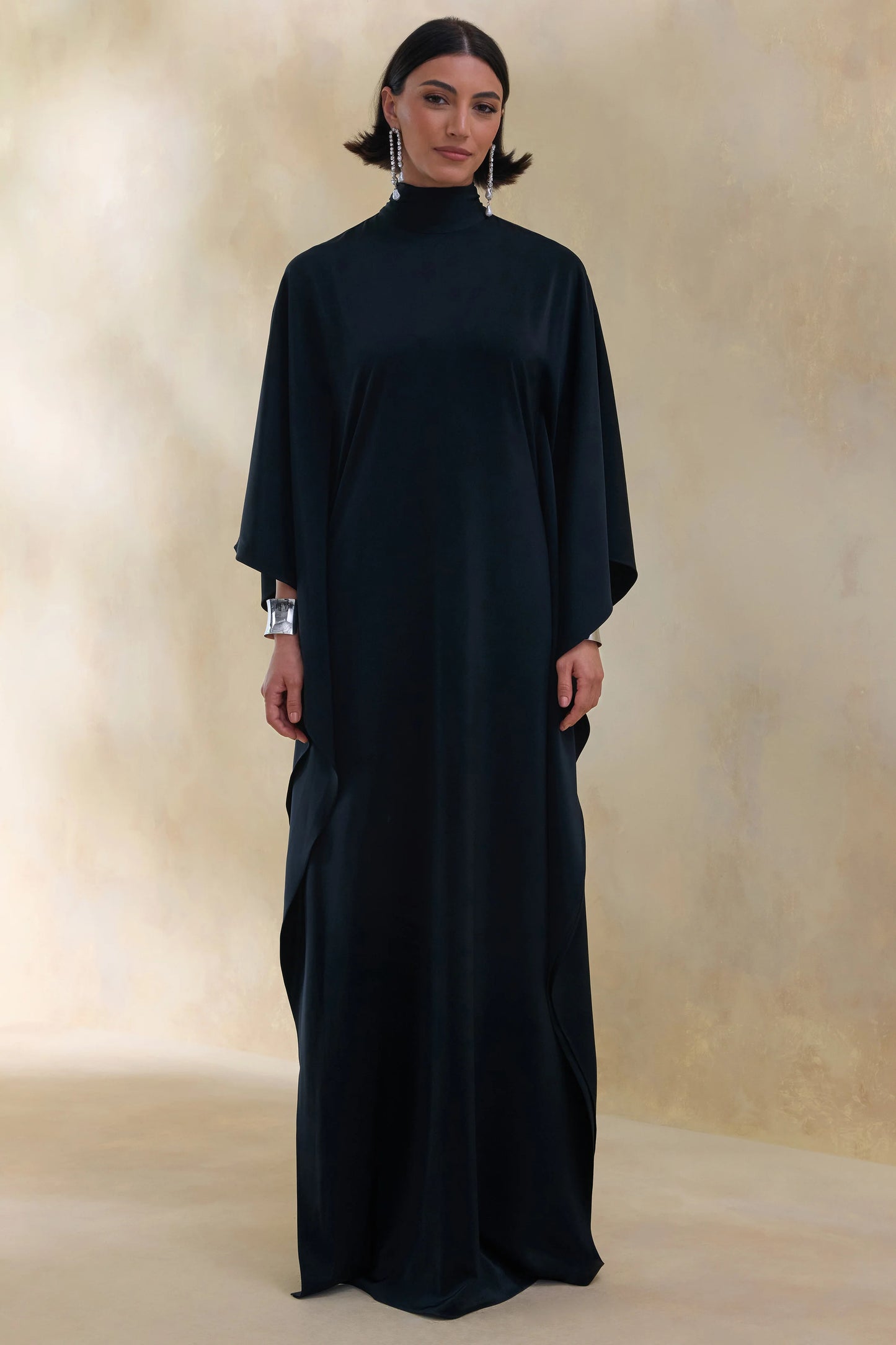 Lumisette Black Satin High-Neck Maxi Dress With Cape