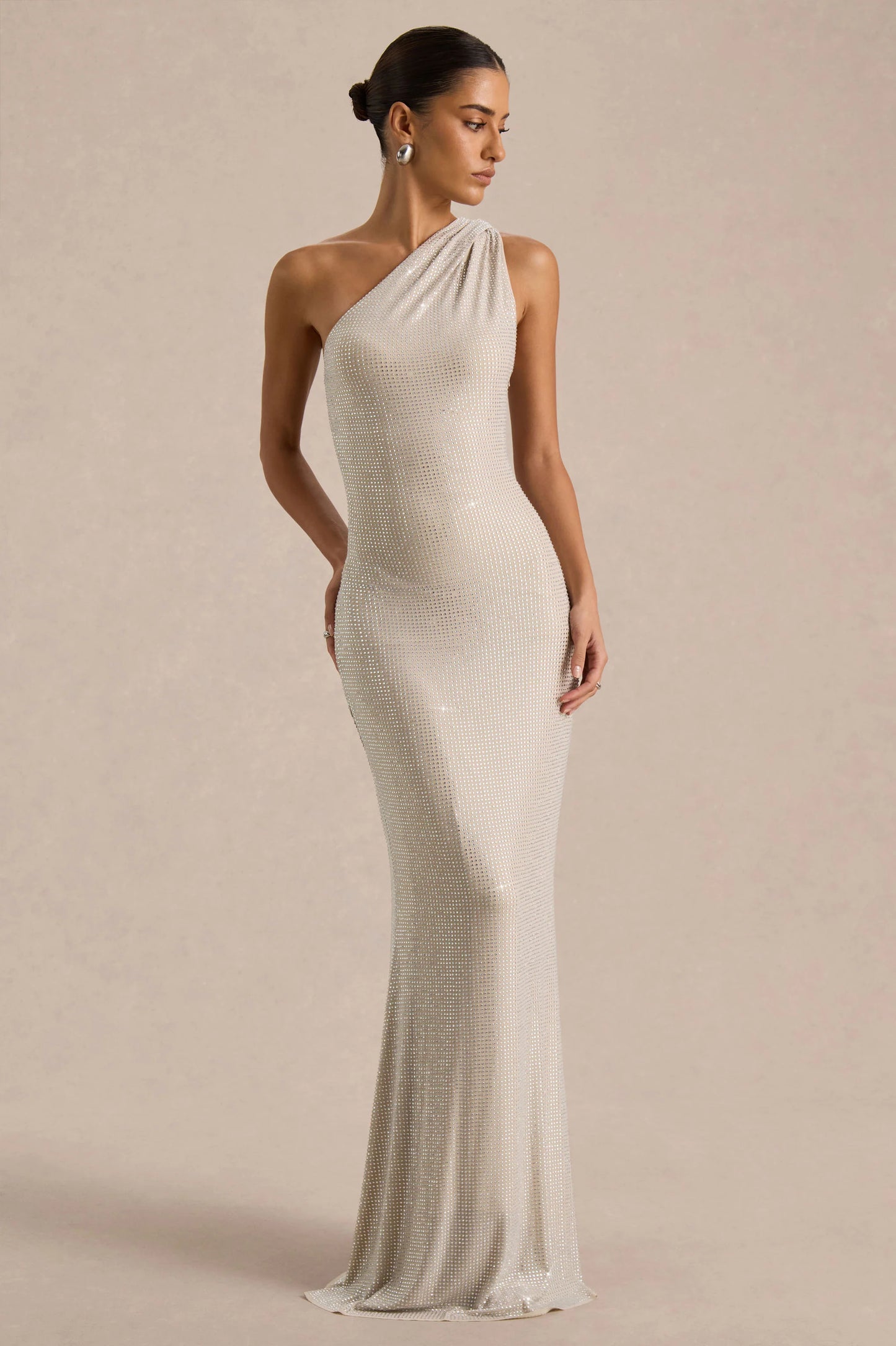 Deity Silver Asymmetric-Neck Maxi Dress With Open-Back