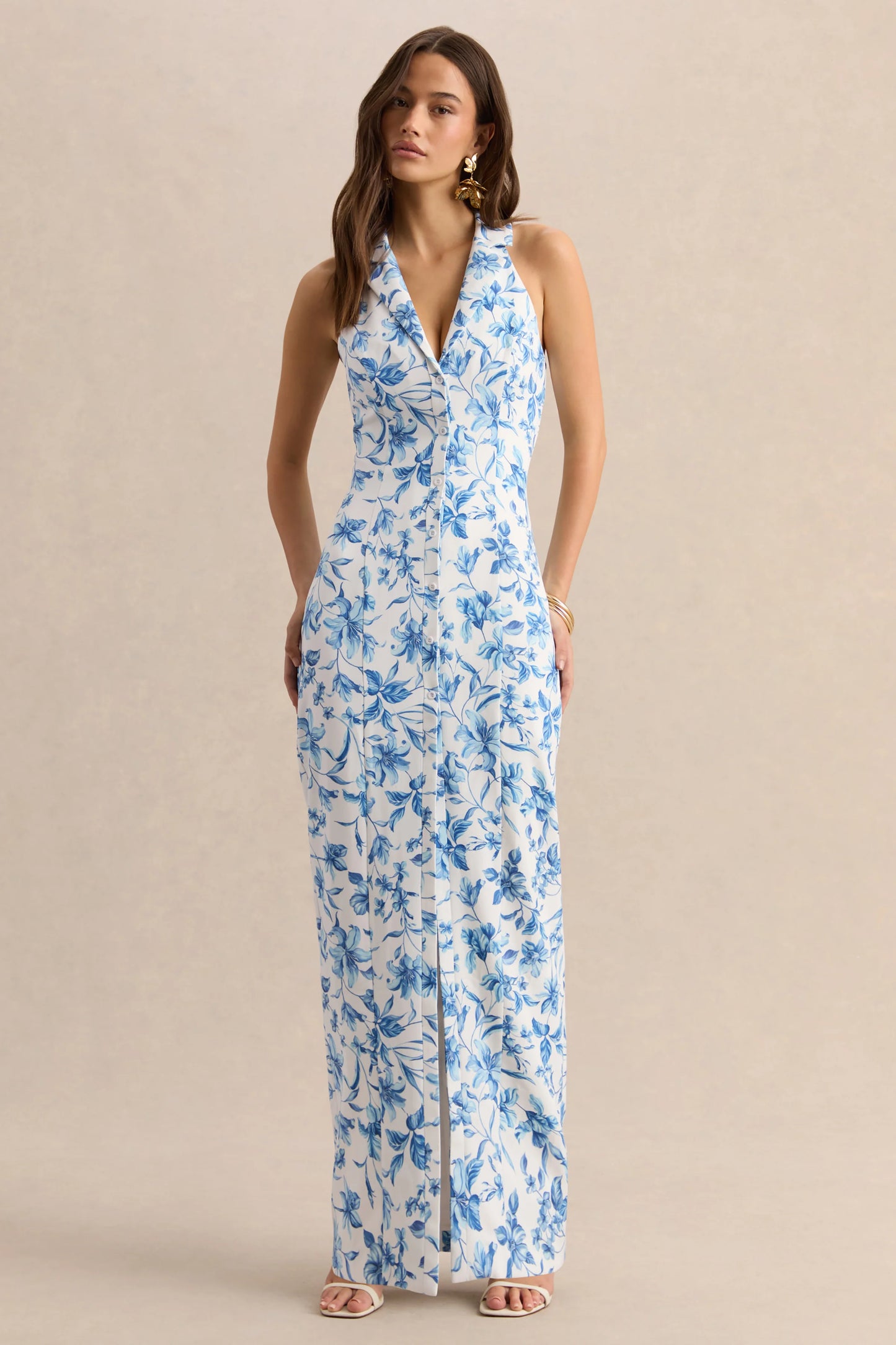 Quinn Blue Porcelain Print Plunge-Neck Tailored Maxi Dress