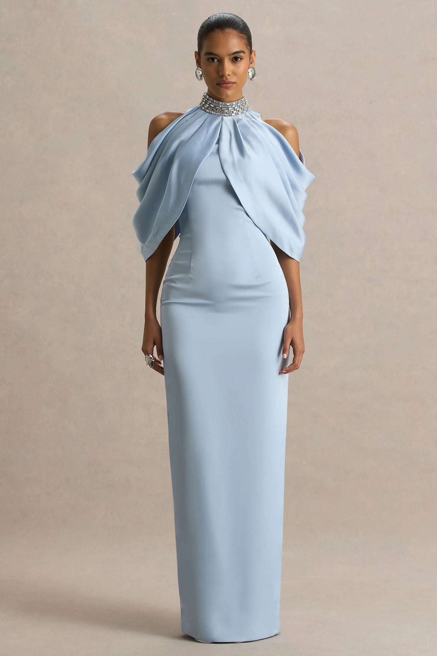 Sulliana Powder Blue Satin High-Neck Maxi Dress With Embellished Detail And Cape Sleeves