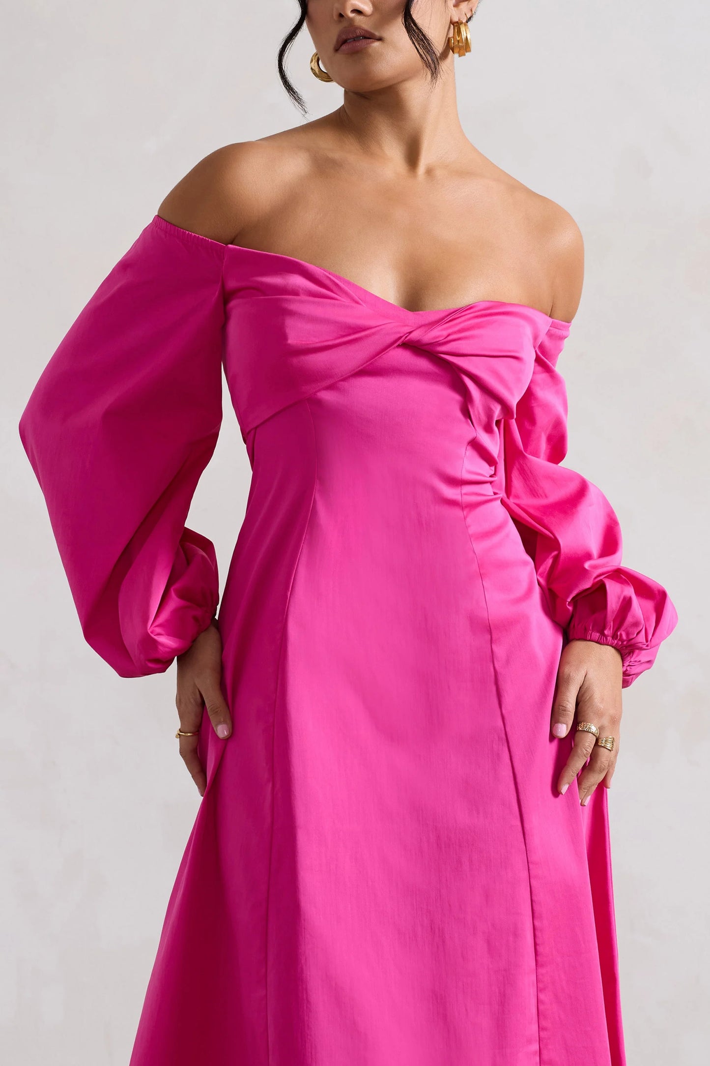 Santino Hot Pink Twisted Bardot Puff-Sleeve Midi Dress
