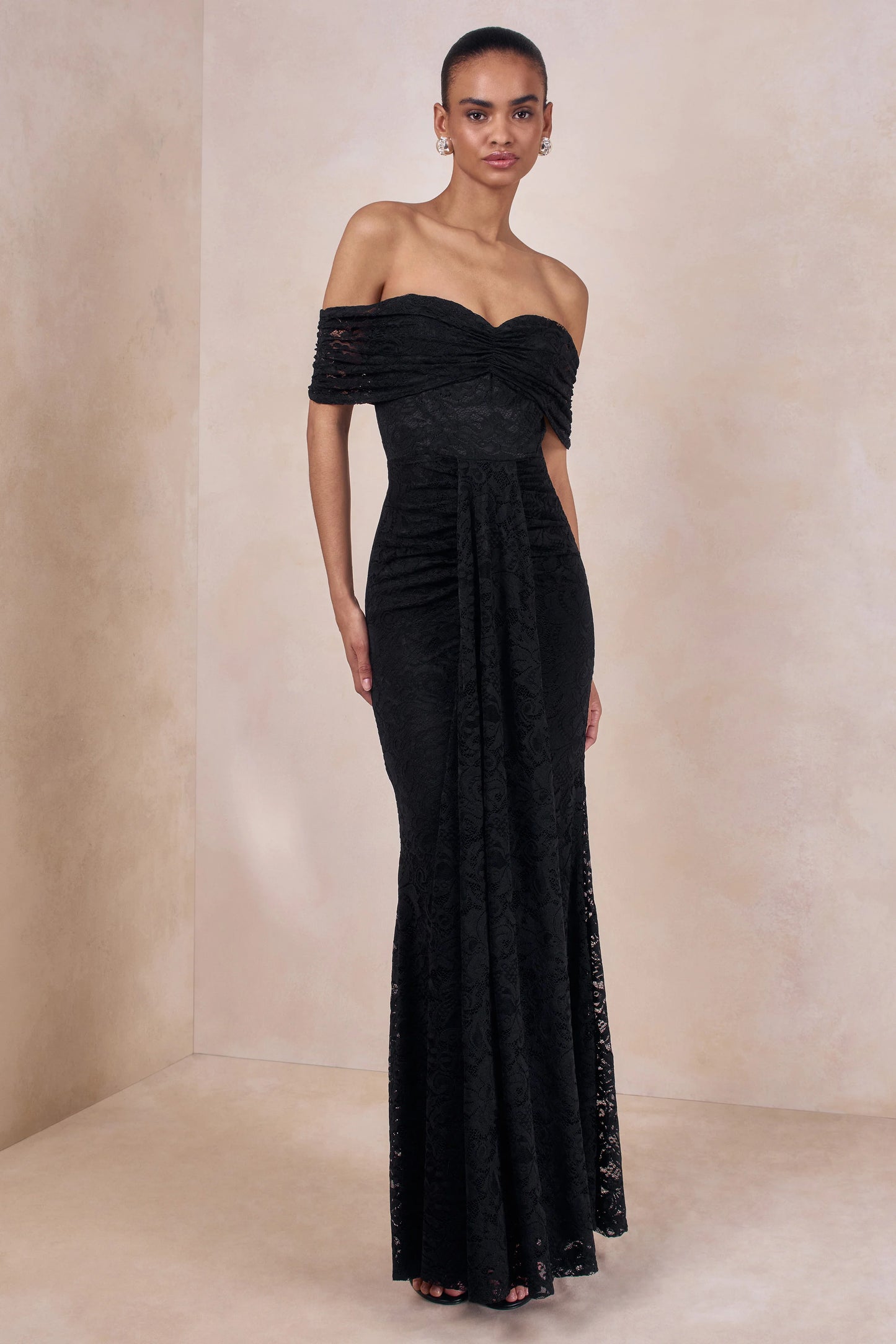 Aries Black Lace Bardot-Neck Maxi Dress With Gathered Detailing