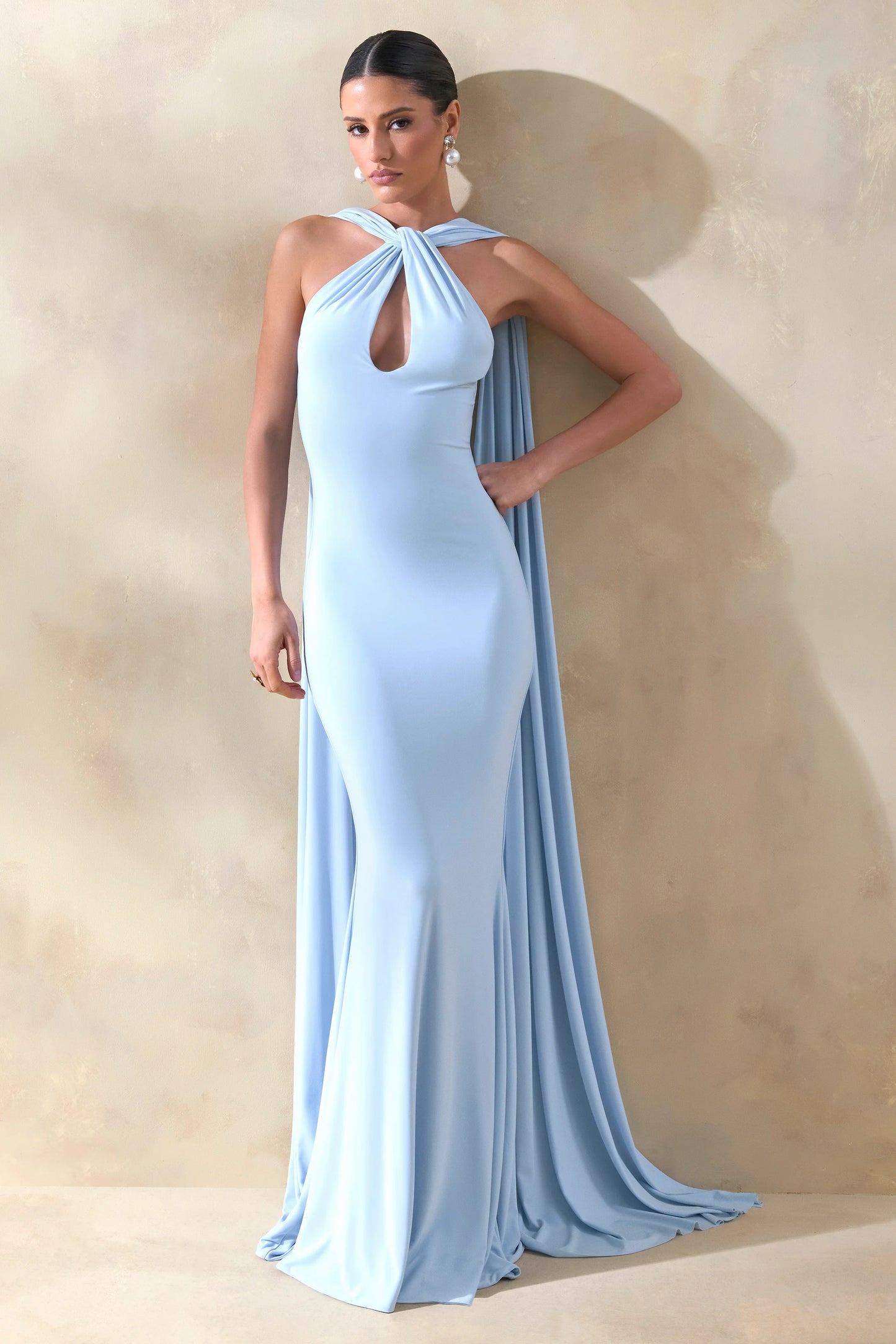 Rhoda Powder Blue Twist Halter-Neck Cape Maxi Dress