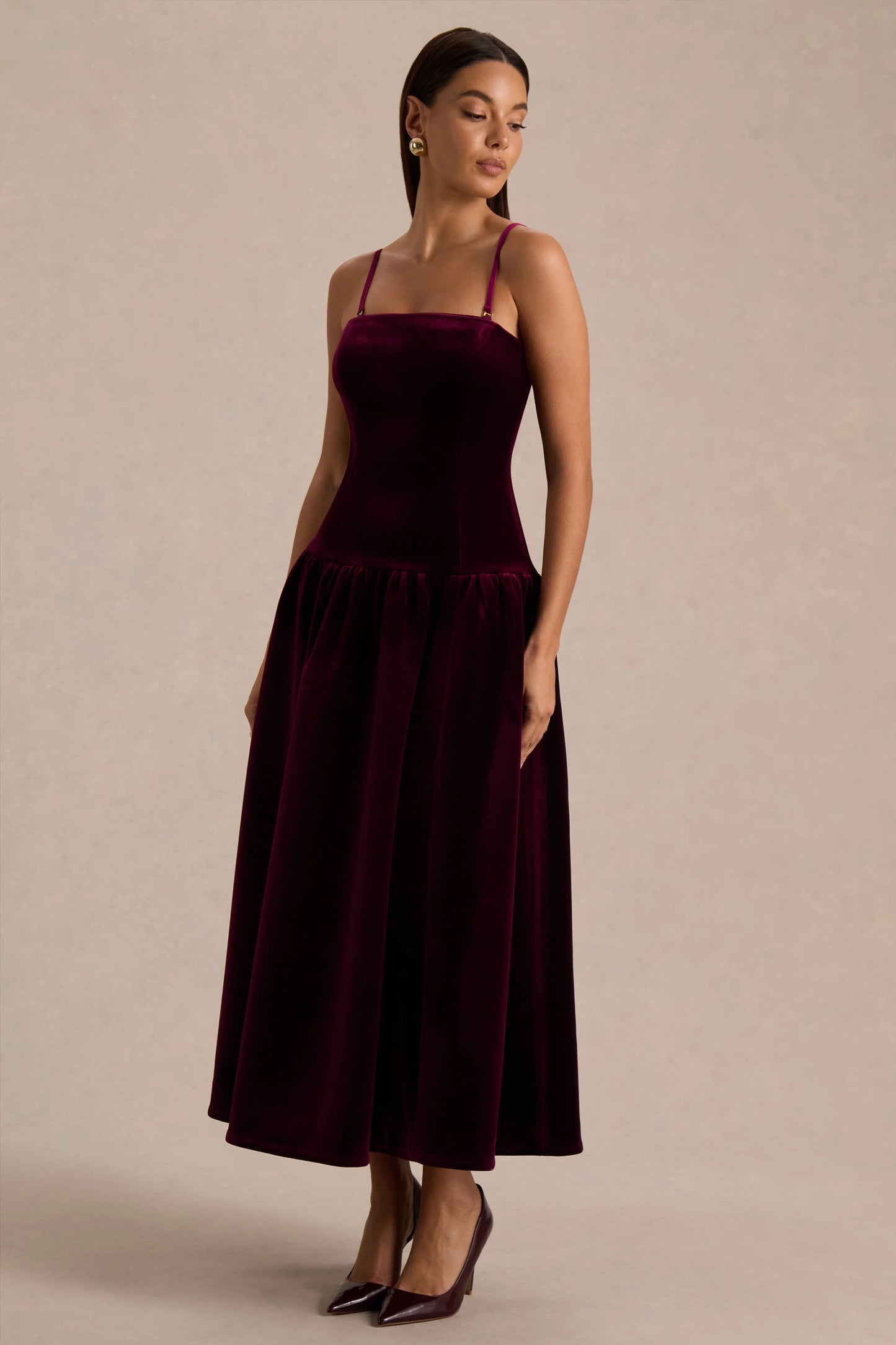 Violetta Burgundy Velvet Bandeau Midi Dress With Drop-Waist And Gathered Skirt