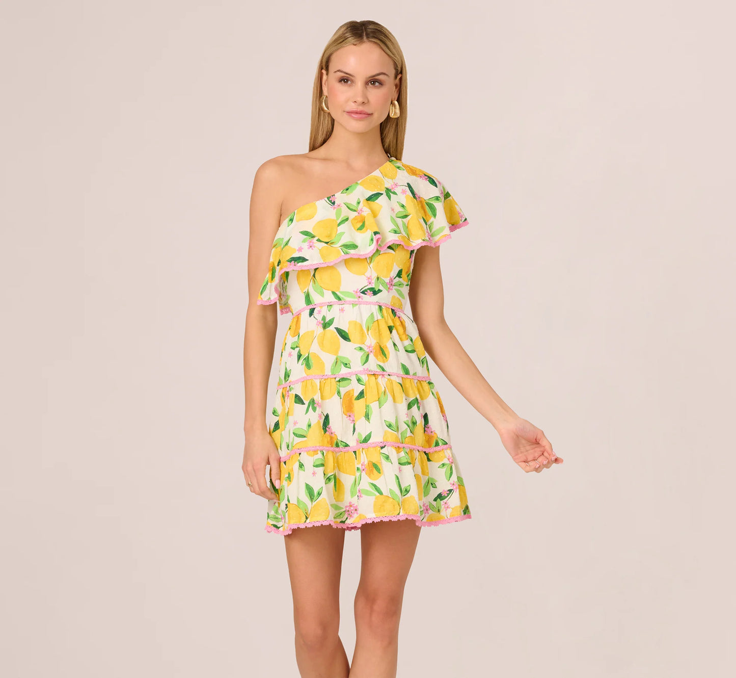 One Shoulder Ruffle Lemon Print Mini Dress In White Multi