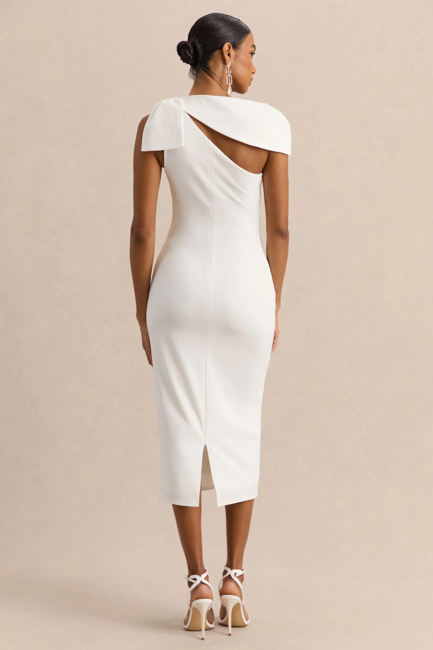 Clarina White Asymmetric-Neck Midi Dress With Bow-Detail
