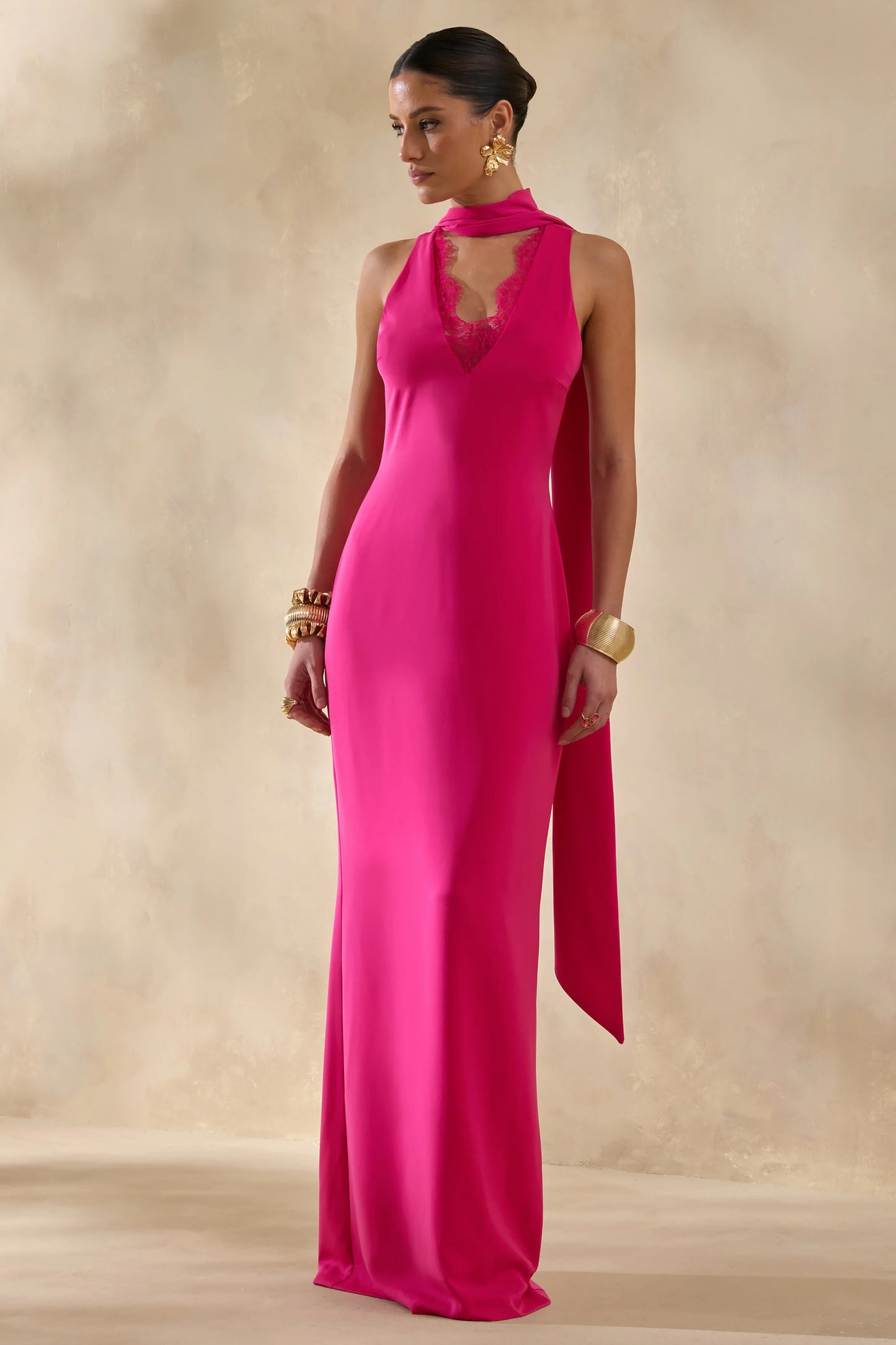 True Icon Hot Pink Satin High-Neck Maxi Slip Dress With Sash