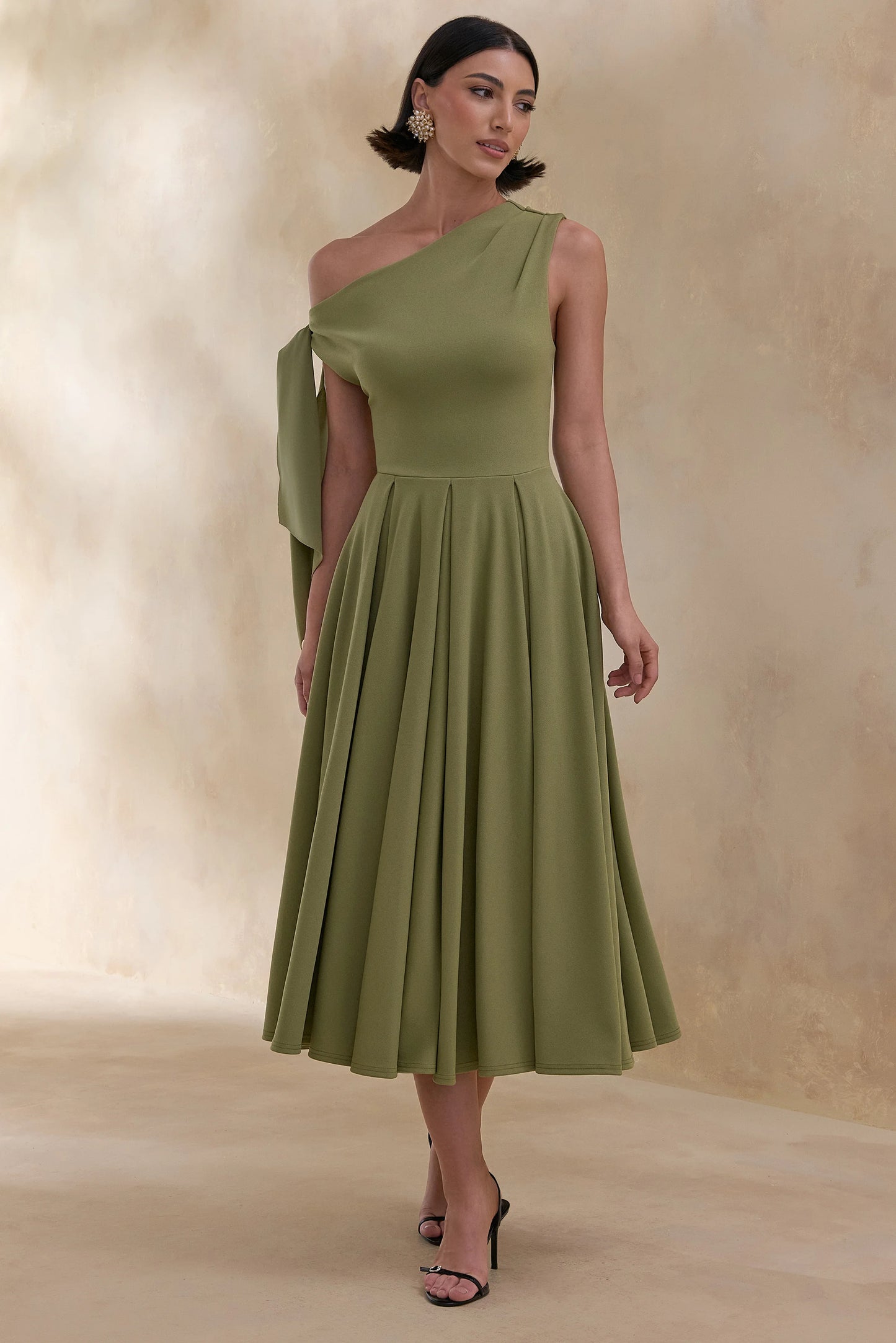 Daring Olive Asymmetric-Neck Midi Dress With Knot-Detail