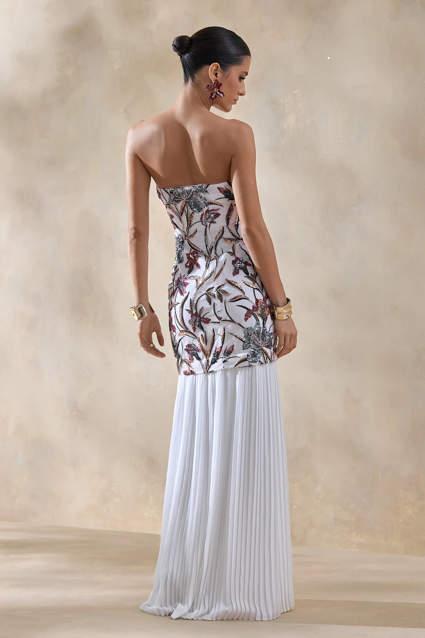 Denise Cream Sequin Floral Bandeau-Neck Embellished Maxi Dress With Drop-Waist And Mesh Skirt
