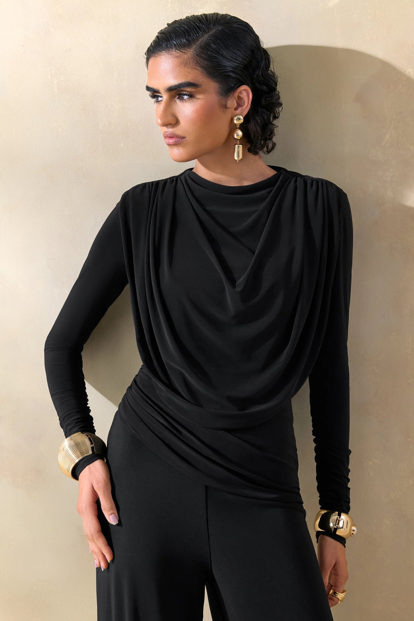 Raniella Black High-Neck Top With Gathered And Draped-Detailing