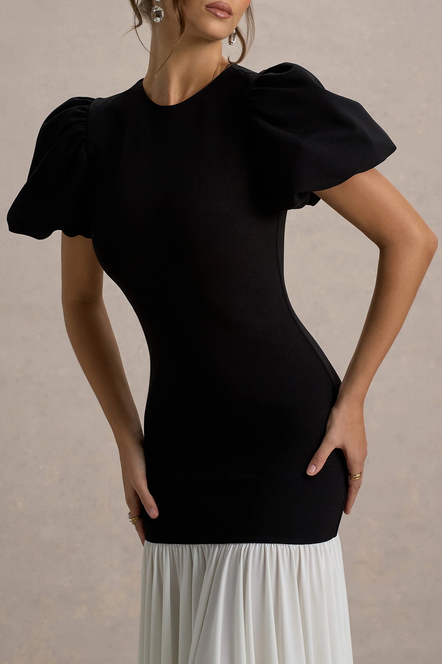 Cinzia Black & White Puff-Sleeve Volume-Hem Midi Dress