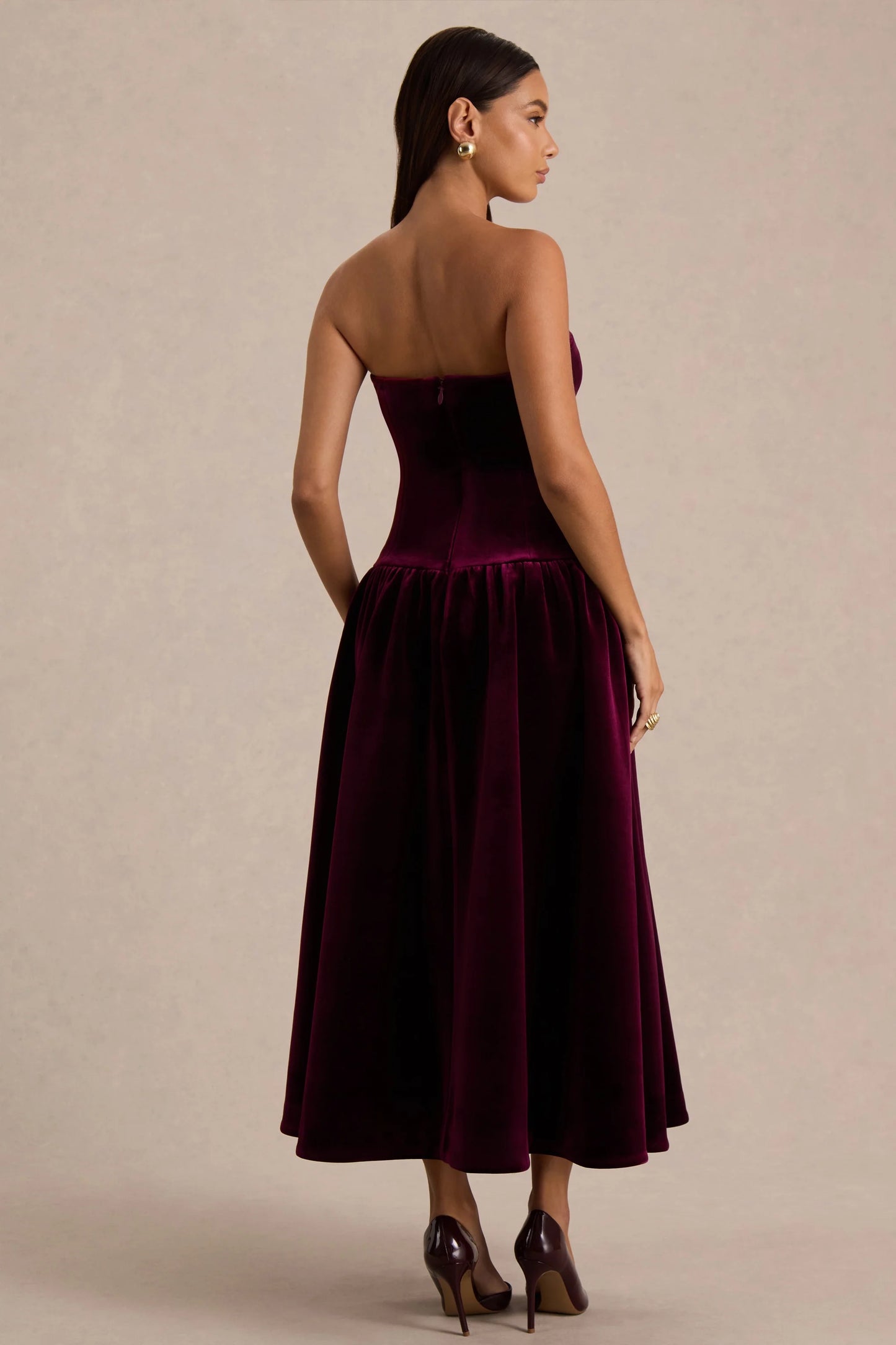 Violetta Burgundy Velvet Bandeau Midi Dress With Drop-Waist And Gathered Skirt