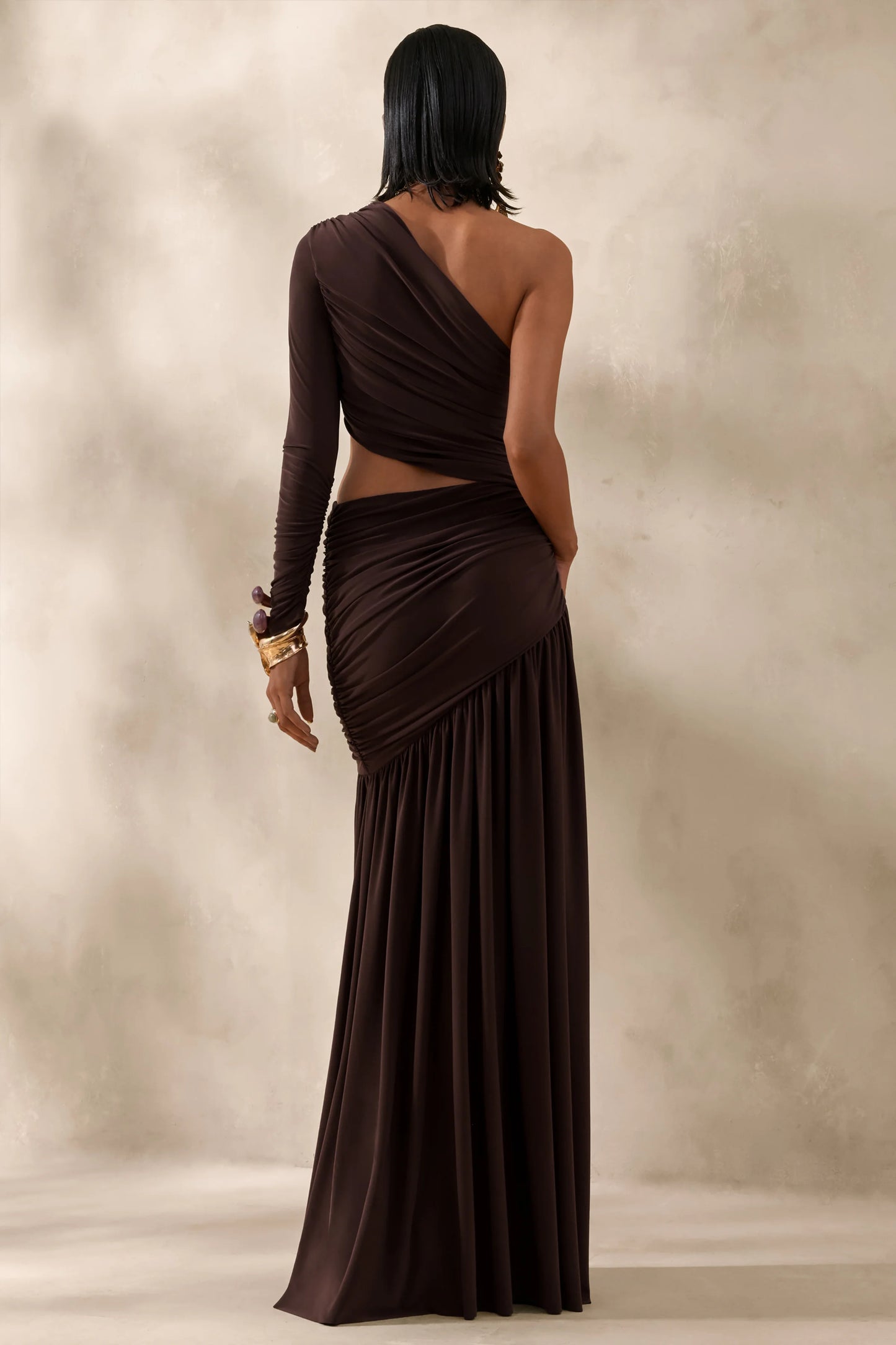 Kinsley Brown Asymmetric-Neck Maxi Dress With Body Cut-Out Detail