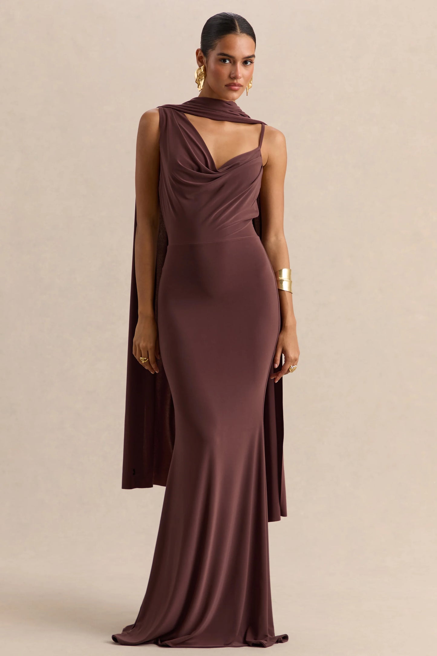 Armelia Brown Cowl-Neck Maxi Dress With Scarf-Detail