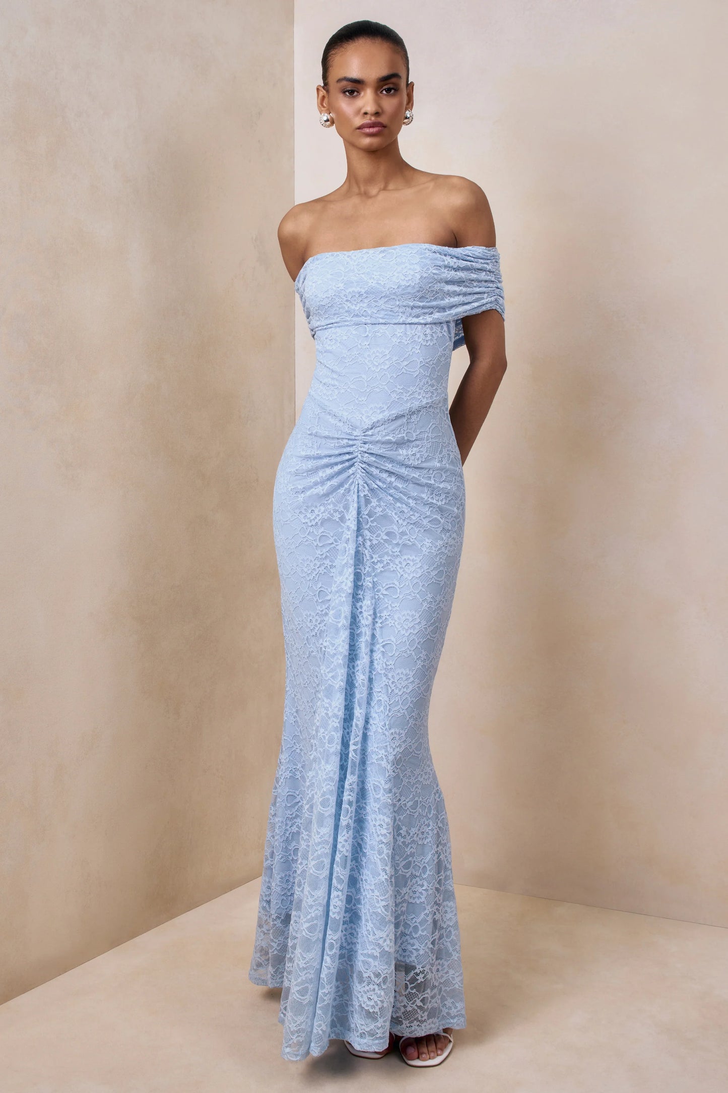 Elinor Powder Blue Lace Bardot-Neck Maxi Dress With Gathered-Detailing