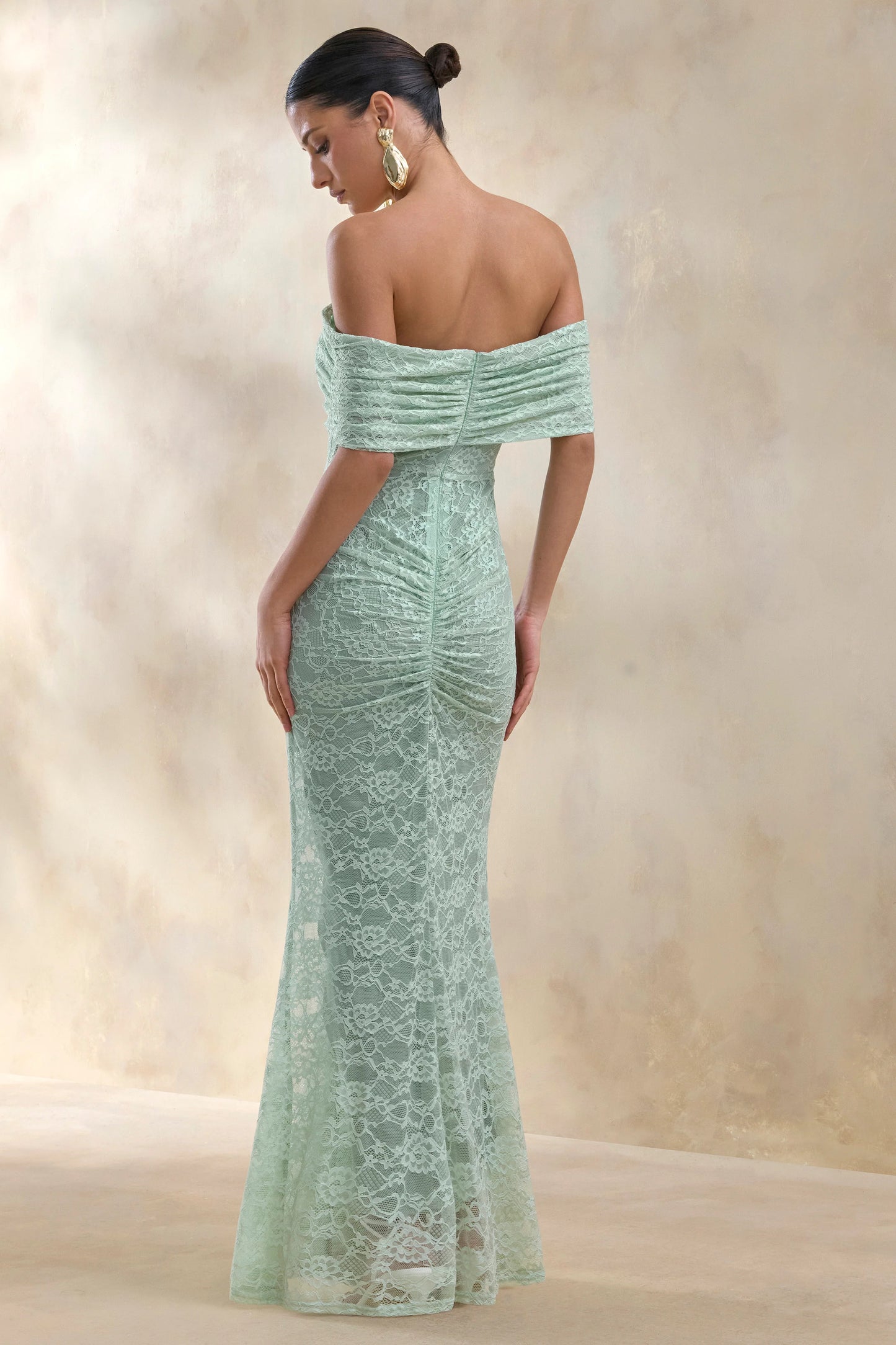 Elinor Sage Lace Bardot-Neck Maxi Dress With Gathered-Detailing