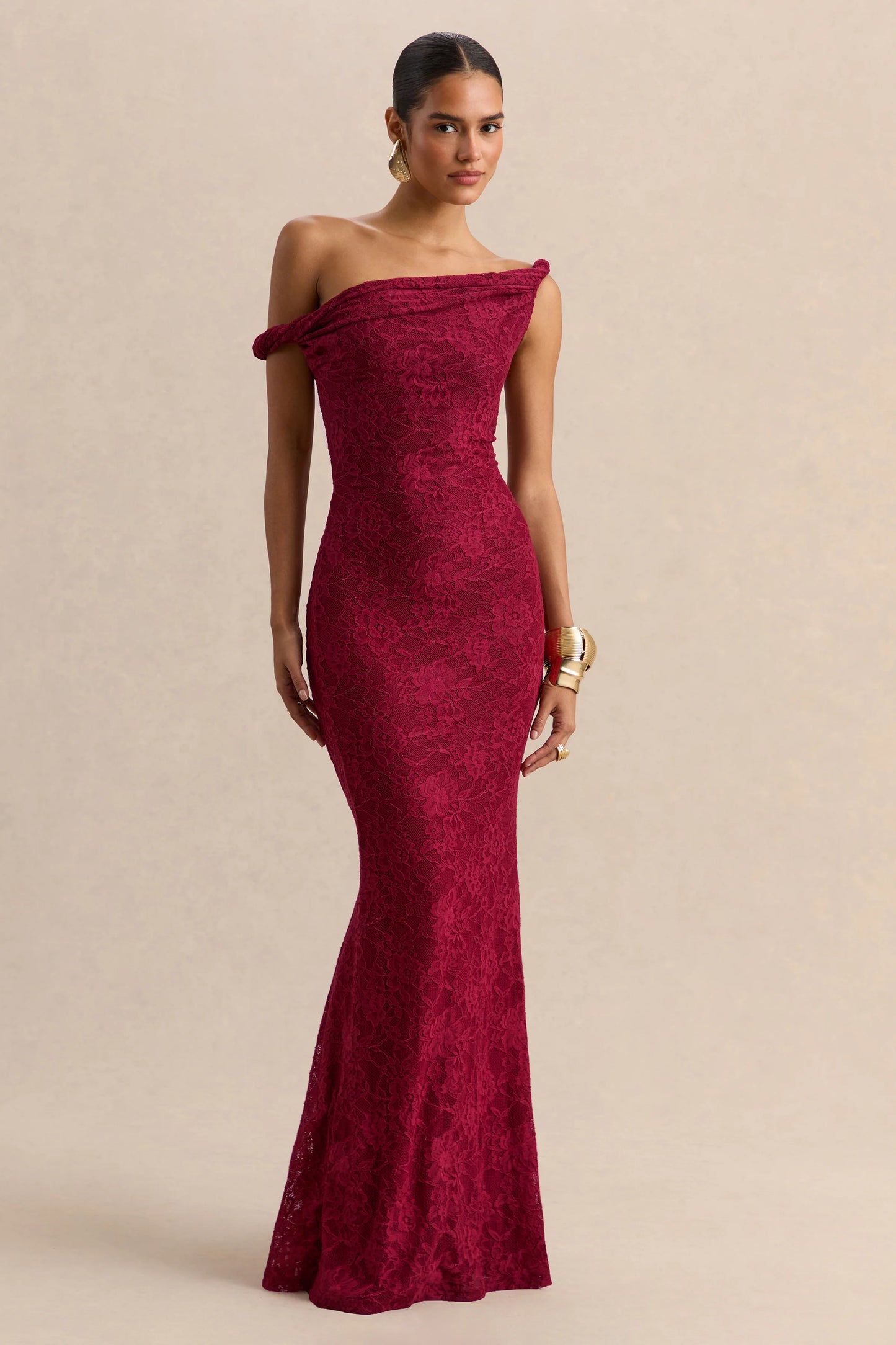 Afina Burgundy Lace Asymmetric-Neck Maxi Dress