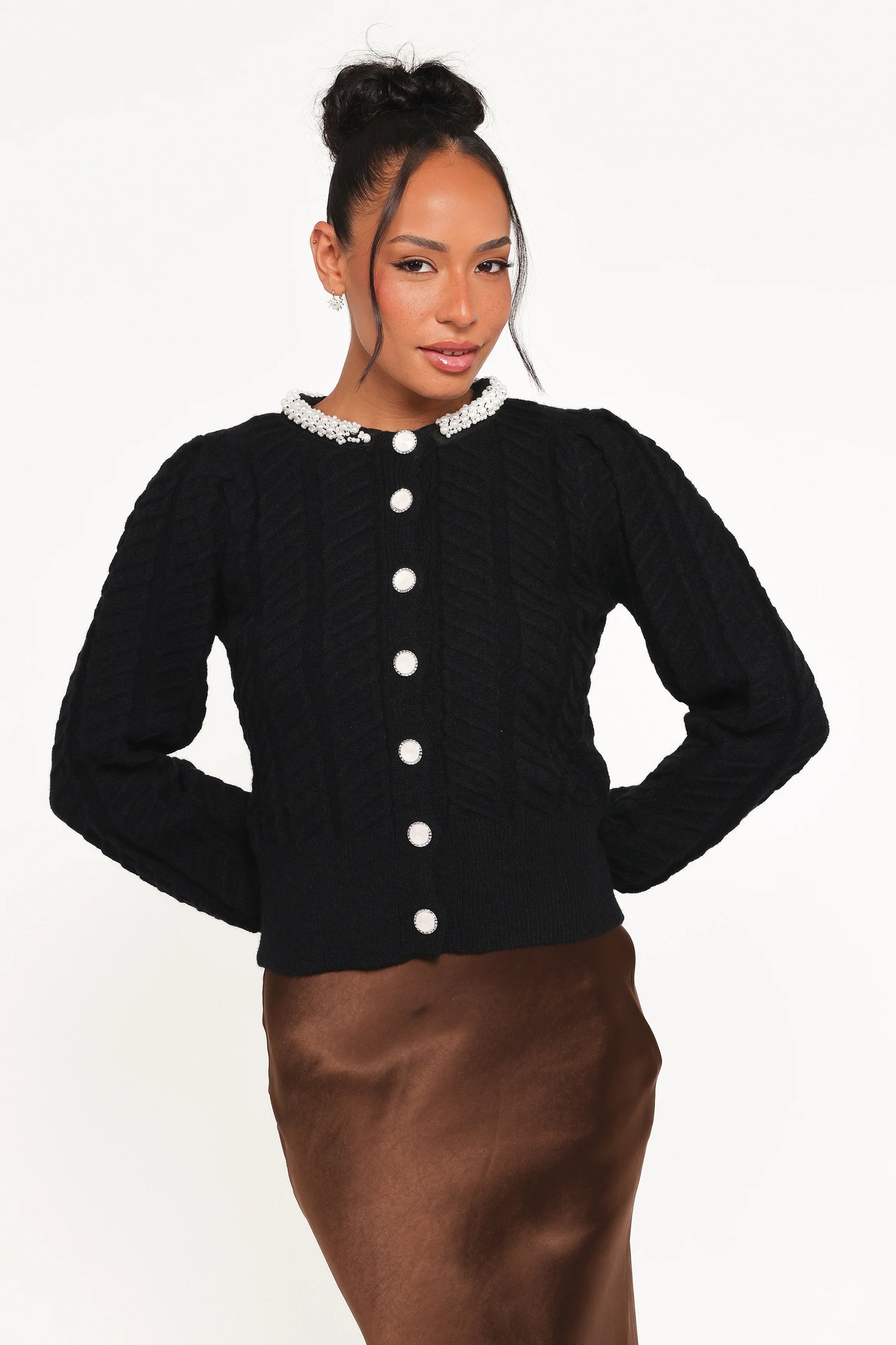 Sheena Rhinestone Collar Holiday Cardigan - Black