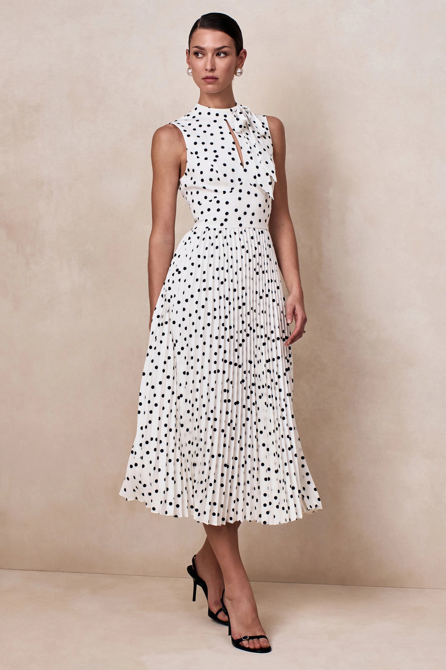 Avalon White Polka Dot Scarf-Neck Midi Dress With Pleated Skirt