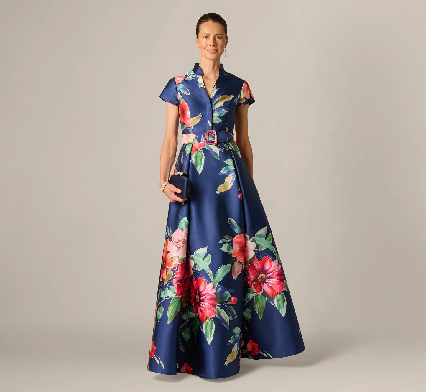 Short Sleeve Magnolia Floral Ballgown In Navy Multi