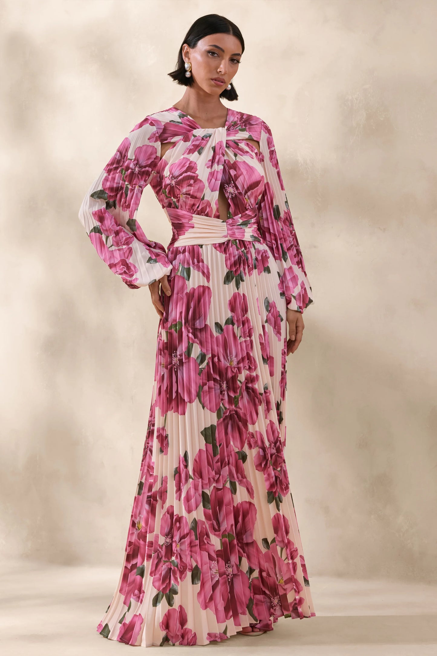 Rionna Pink Hibiscus Print High-Neck Maxi Dress With Cut-Out Detailing