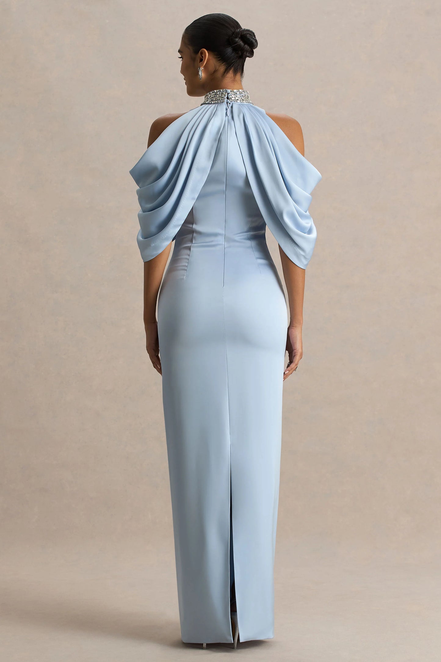 Sulliana Powder Blue Satin High-Neck Maxi Dress With Embellished Detail And Cape Sleeves