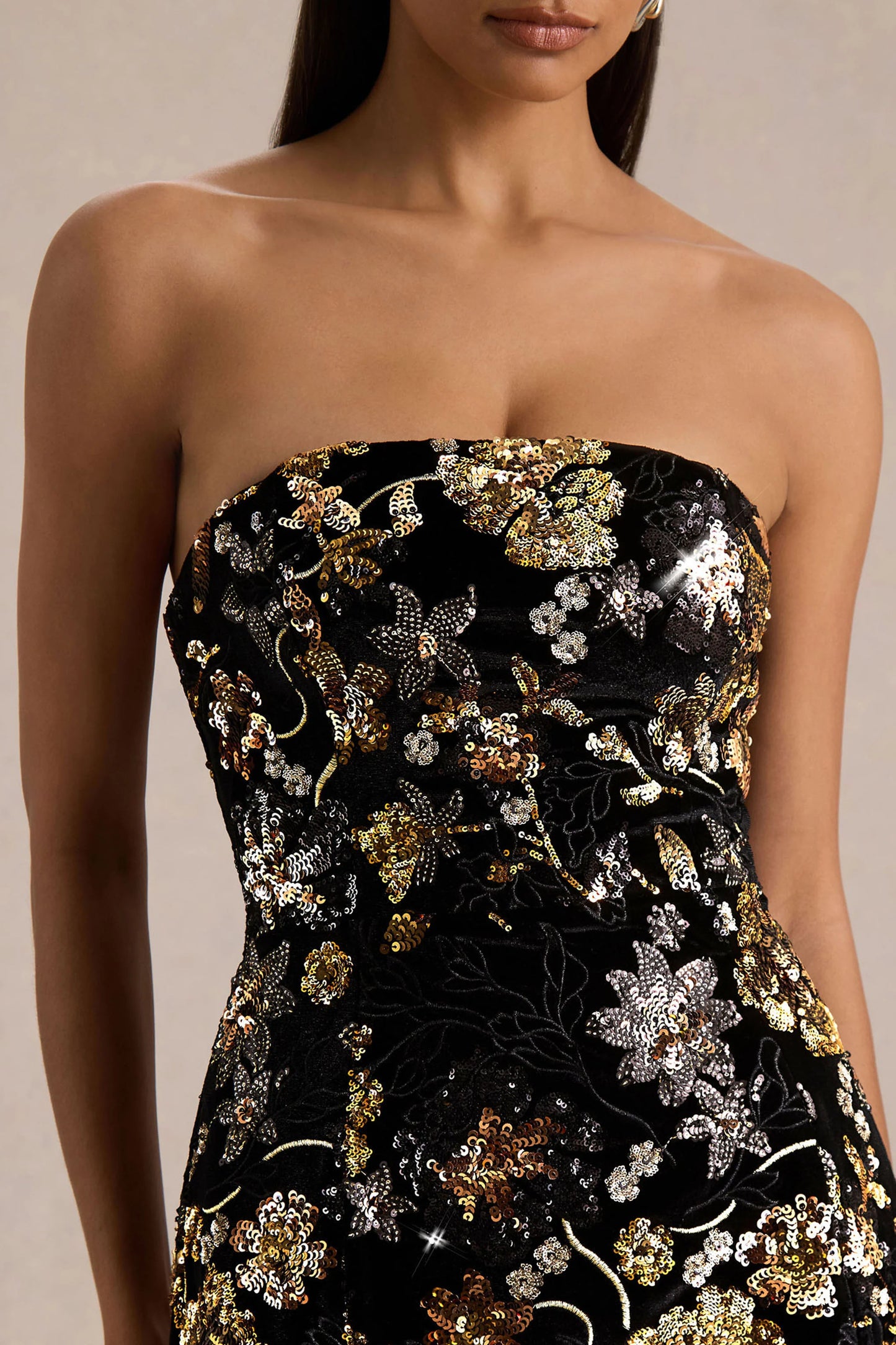 Valeri Black Velvet Bandeau Mini Dress With Bronze Floral Sequin Embellishment