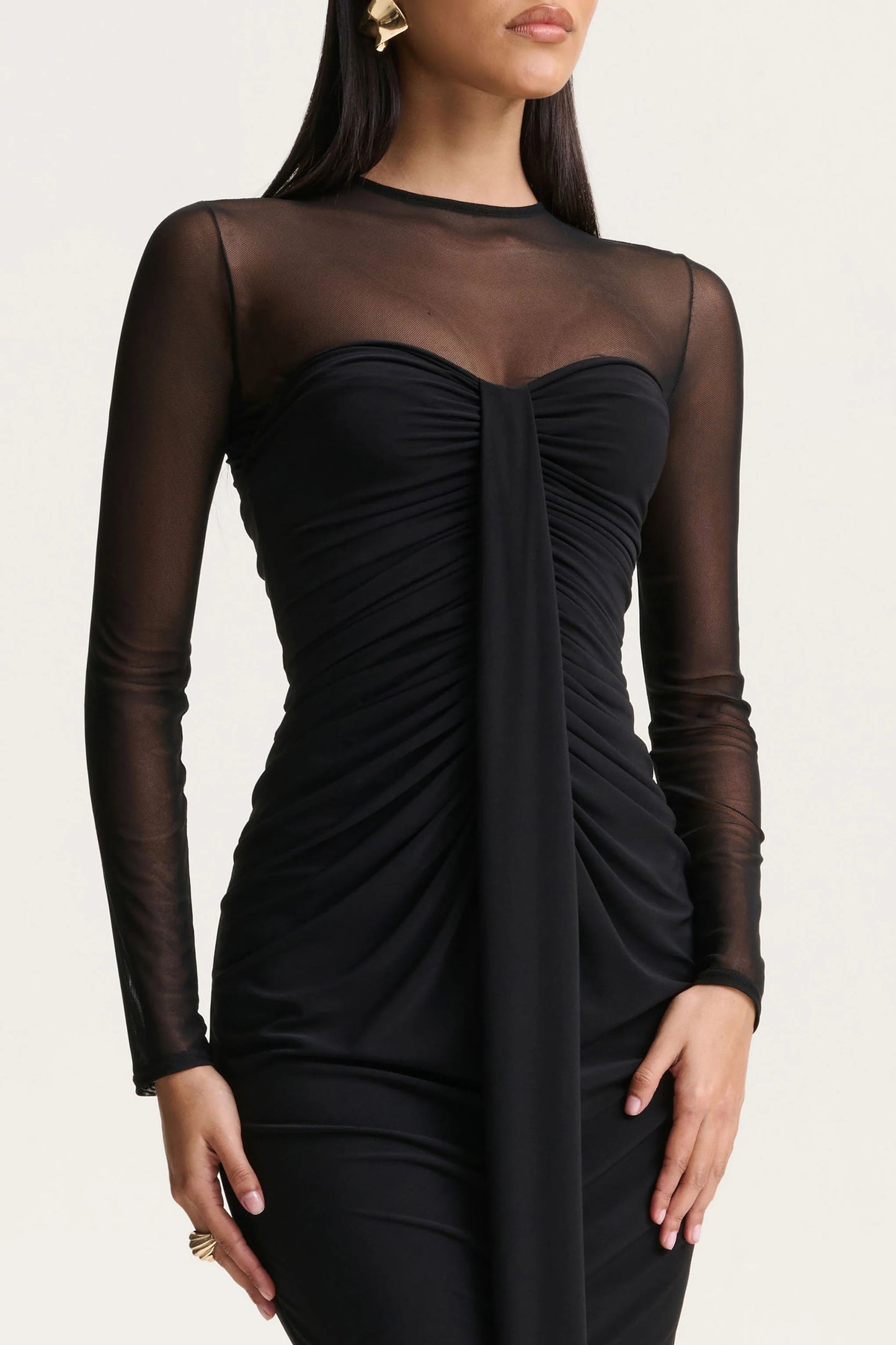 Cadenza Black Crew-Neck Maxi Dress With Mesh And Gathered-Detailing