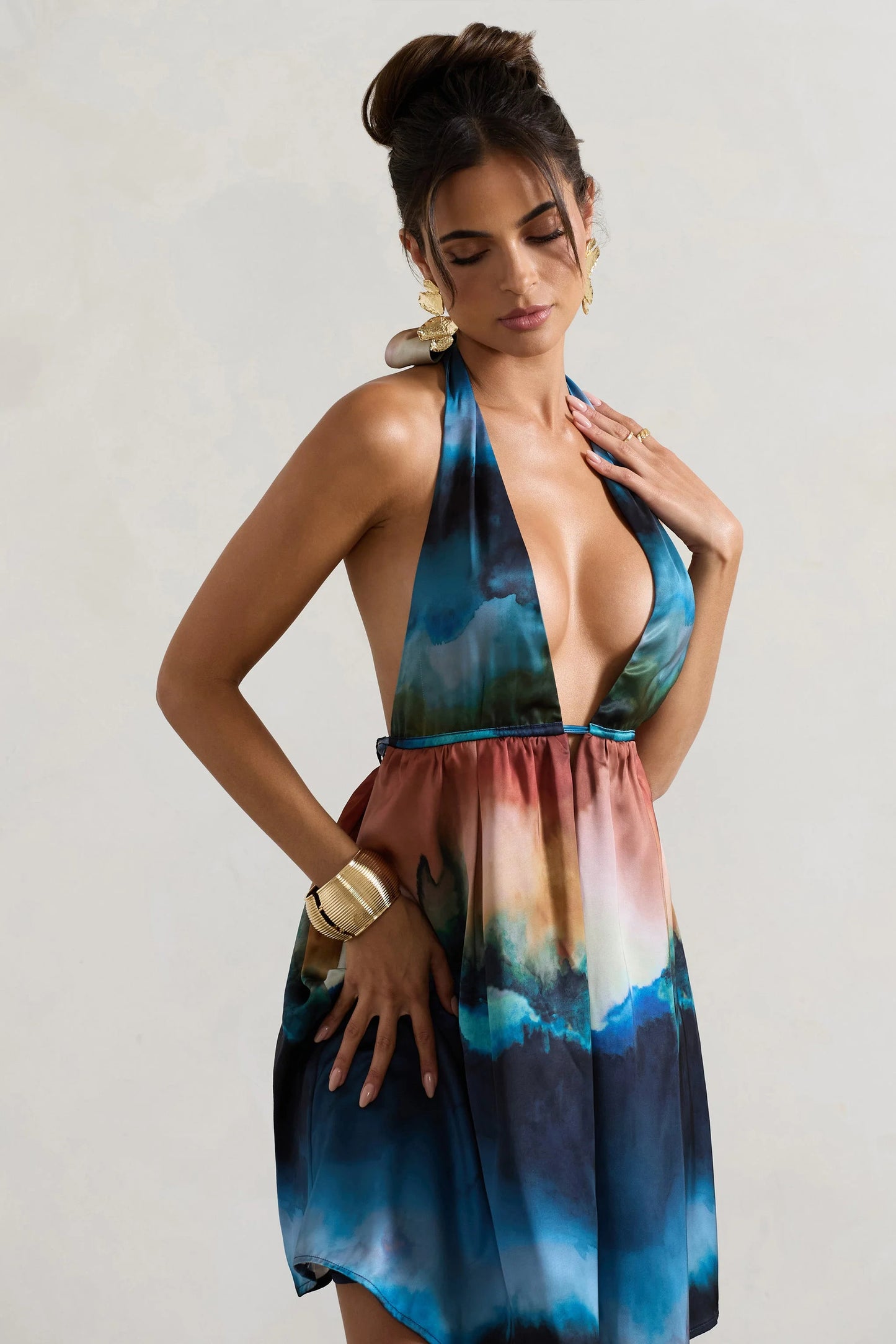 Naxos Multi Blur Print Plunge-Neck Babydoll Mini Dress