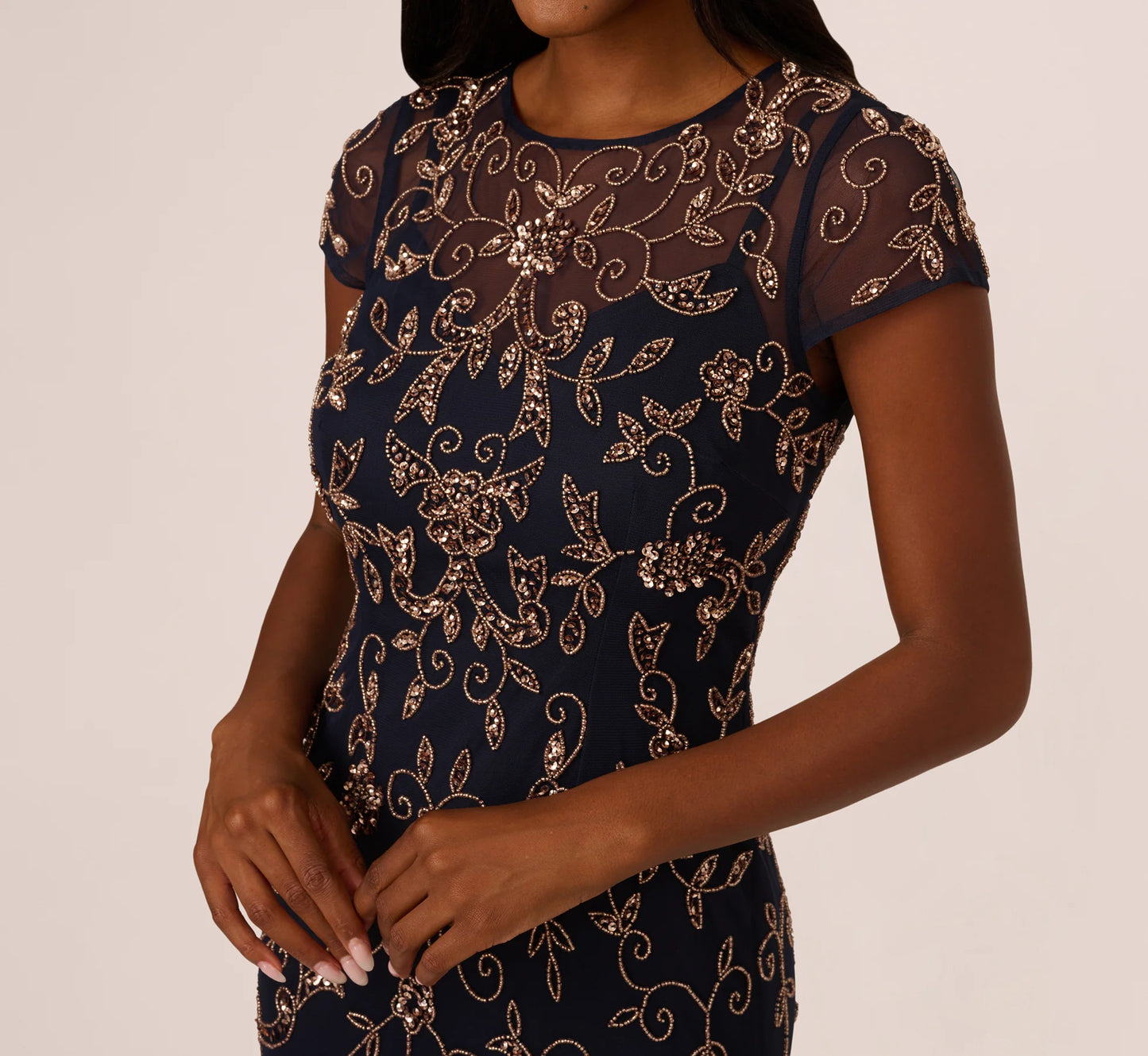 Floral Beaded Godet Gown With Sheer Neck And Short Sleeves In Navy Rosegold
